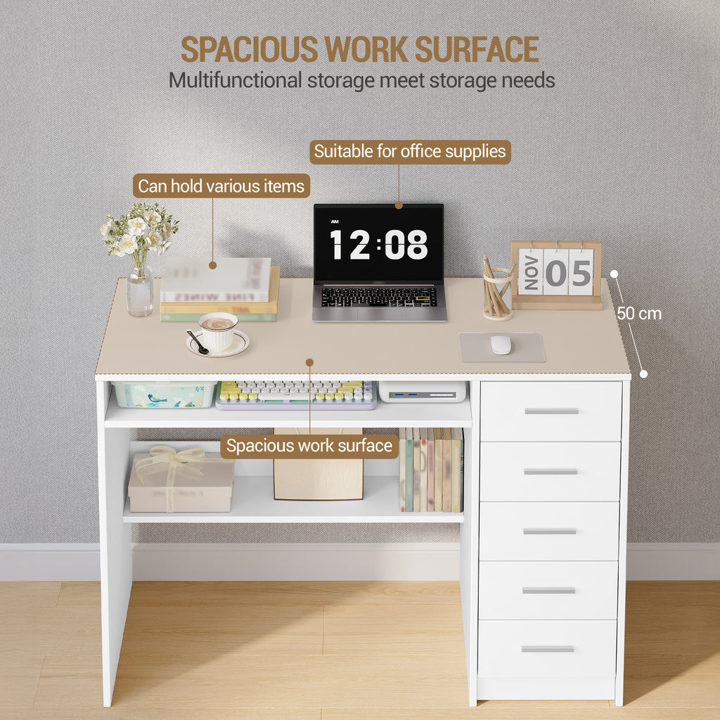 Hzuaneri Computer Desk with 5 Drawers, Office Desk, Modern Table with Shelf for Study, Office, Bedroom, 50 x 108 x 75 cm, White CD10503X