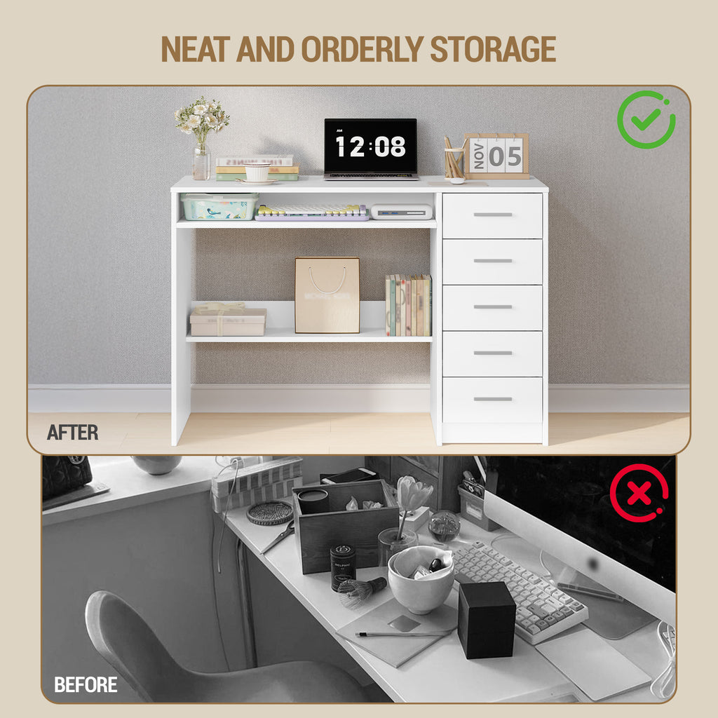 Hzuaneri Computer Desk with 5 Drawers, Office Desk, Modern Table with Shelf for Study, Office, Bedroom, 50 x 108 x 75 cm, White CD10503X