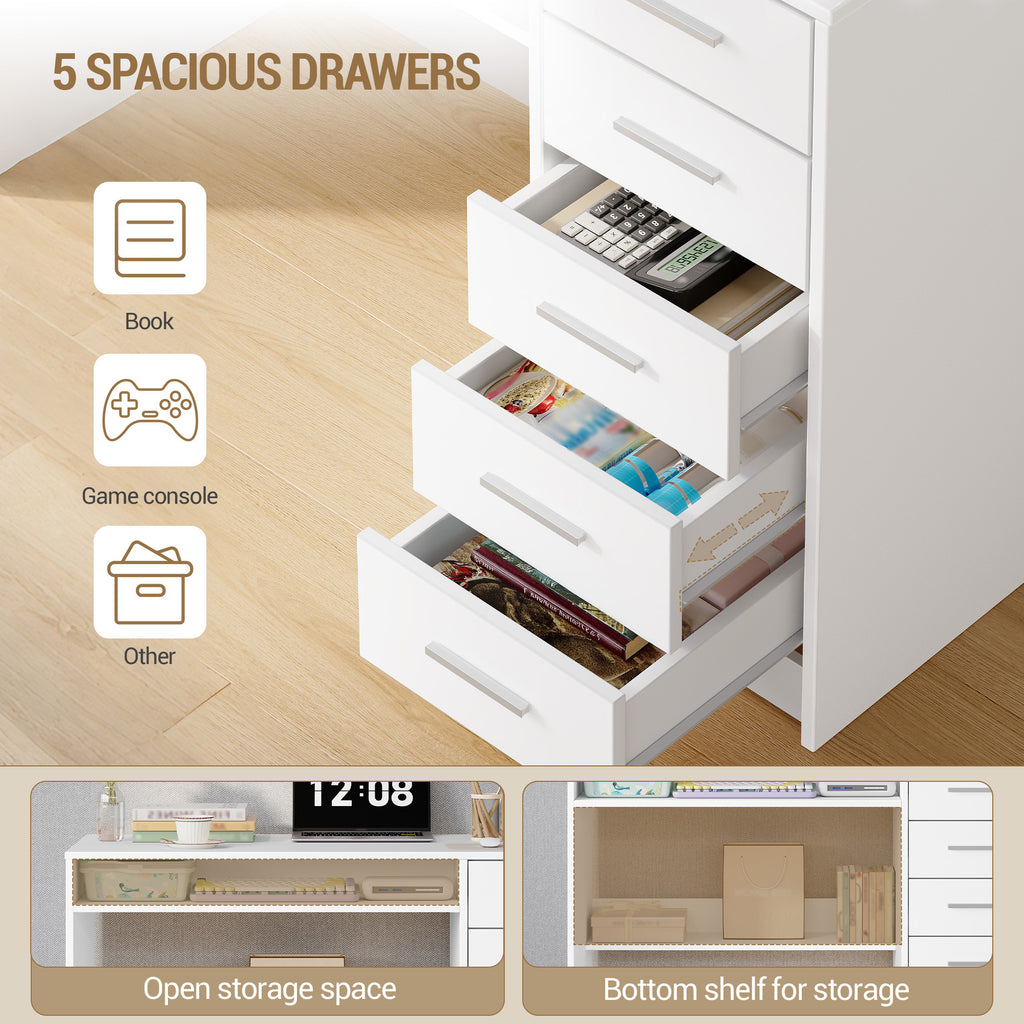Hzuaneri Computer Desk with 5 Drawers, Office Desk, Modern Table with Shelf for Study, Office, Bedroom, 50 x 108 x 75 cm, White CD10503X