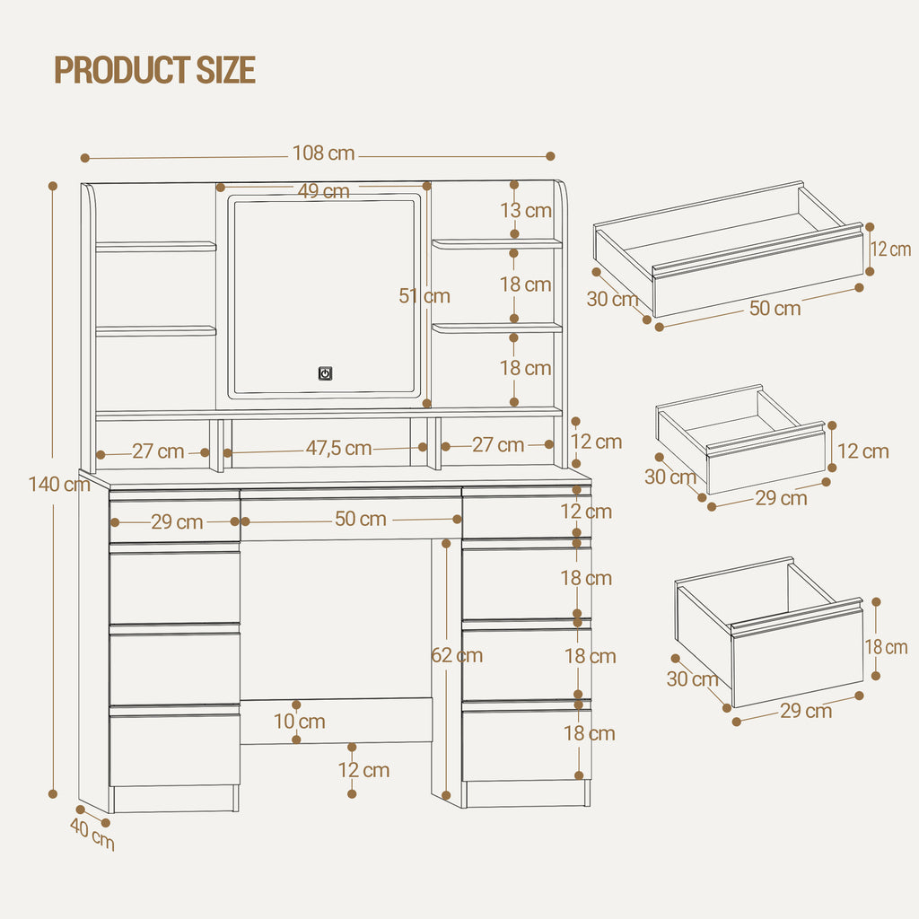 Hzuaneri Large Vanity Table with LED Lighting, 3 Colors, Brightness Control, Vanity Table with Mirror, 9 Drawers, 9 Open Shelves, Modern Style, White-Brown DT41914X