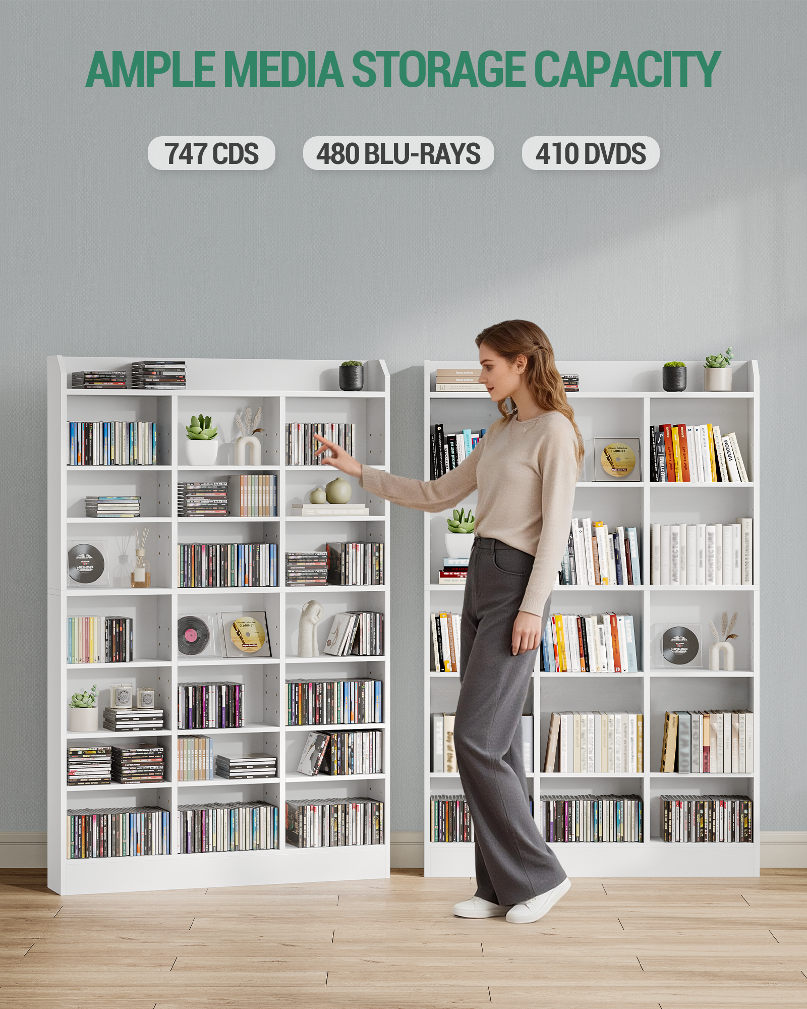 Hzuaneri CD Shelf, DVD Shelf, 8-Tier Open CD Stand with 15 Adjustable Shelves, Manga Shelf, Suitable for Living Room and Study, 17 x 100 x 154.5 cm, White CR18003X