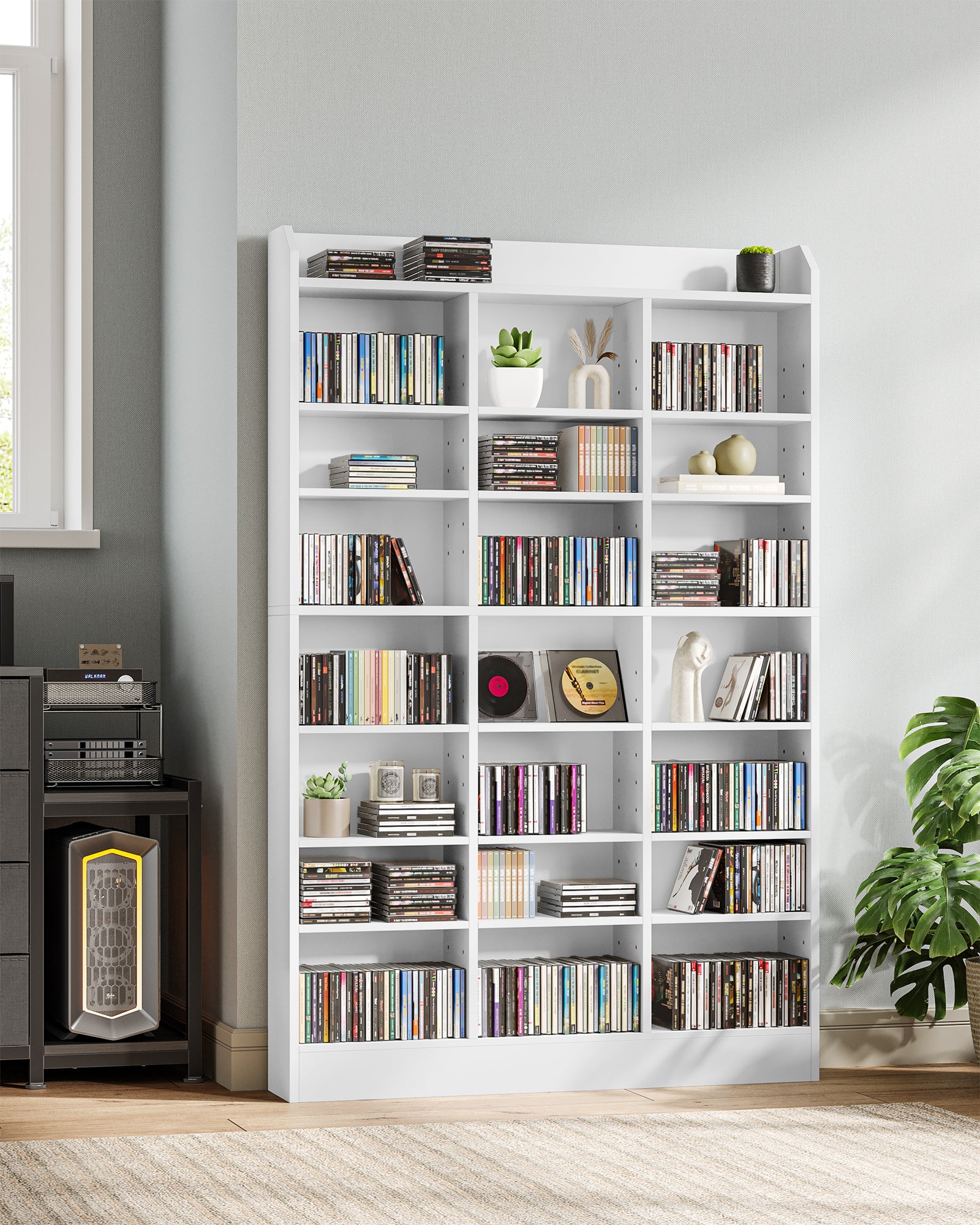 Hzuaneri CD Shelf, DVD Shelf, 8-Tier Open CD Stand with 15 Adjustable Shelves, Manga Shelf, Suitable for Living Room and Study, 17 x 100 x 154.5 cm, White CR18003X