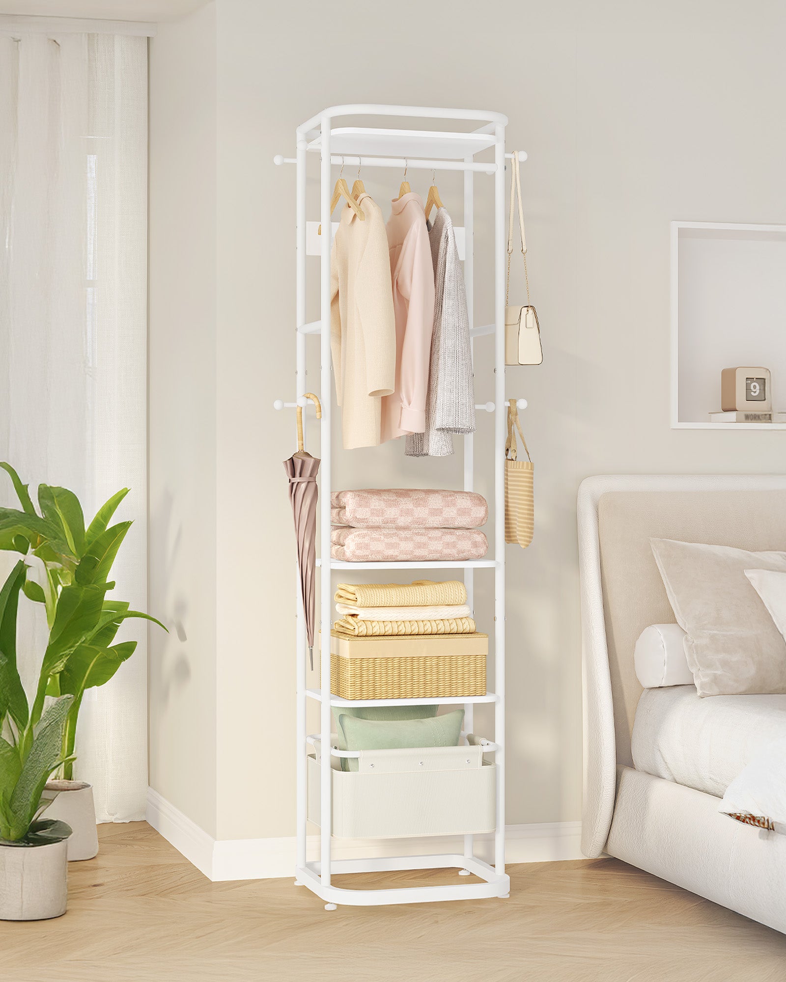 Hzuaneri Coat Stand with Large Storage Basket with 3 Shelves 11 Hooks 40 x 44.5 x 182 cm for Bedroom Hallway Entrance Area White CR34703W