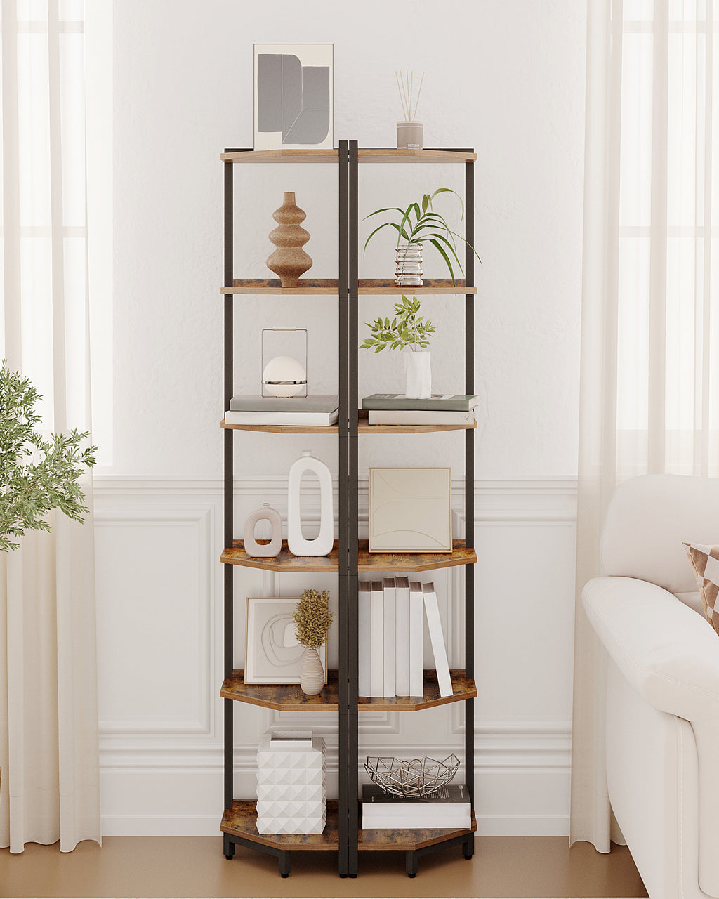 Hzuaneri Corner Shelf, 6-Tier Bookshelf, Freestanding Shelf, Storage Shelf, Corner Bookshelf, Brown-Black