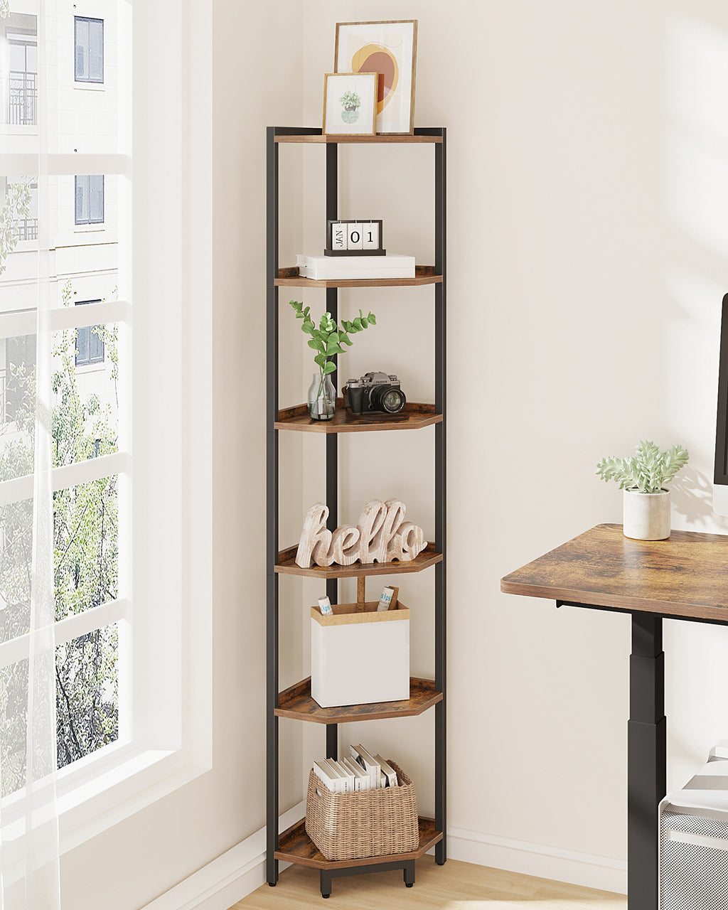 Hzuaneri Corner Shelf, 6-Tier Bookshelf, Freestanding Shelf, Storage Shelf, Corner Bookshelf, Brown-Black
