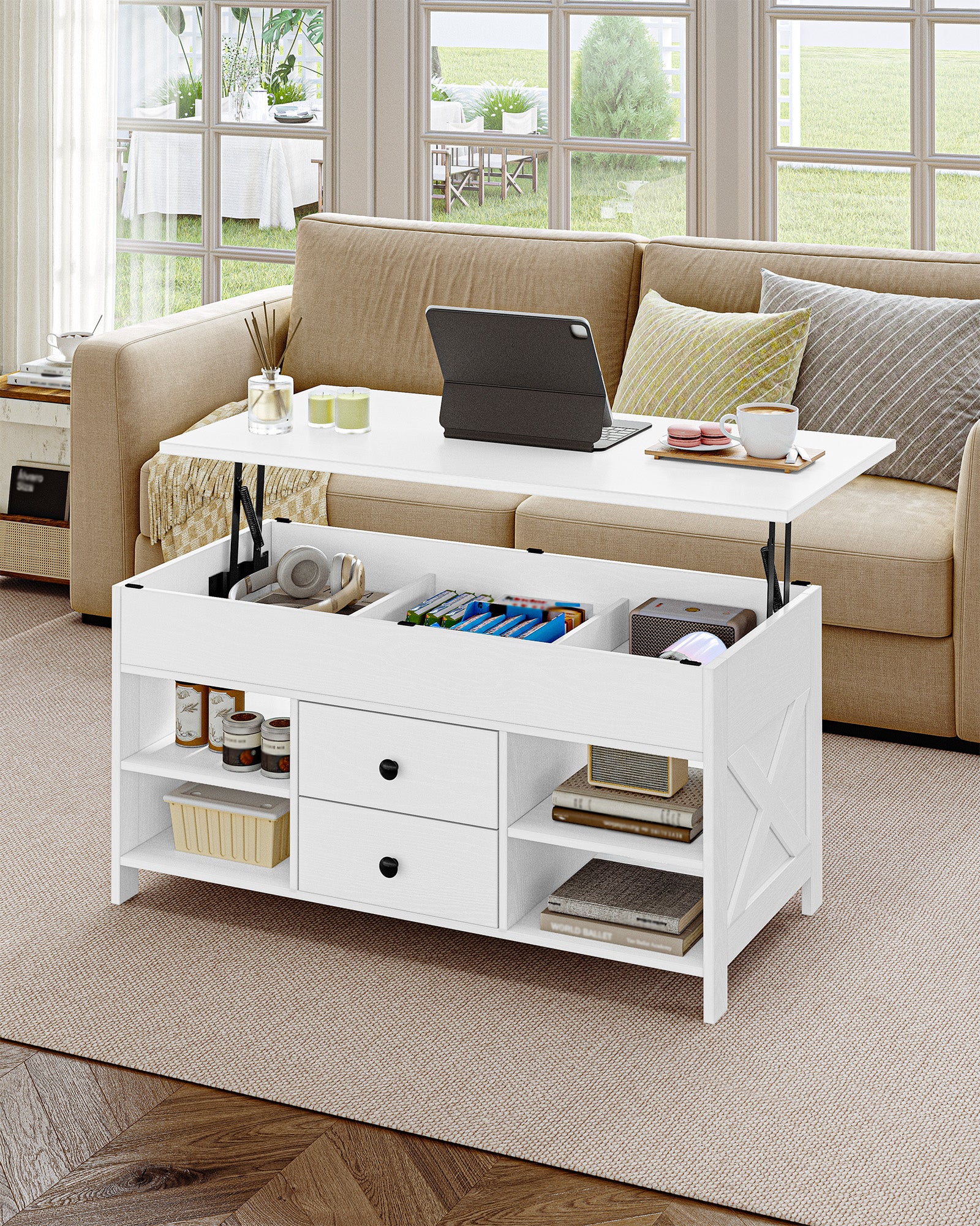 Hzuaneri Coffee Table, Height-Adjustable Living Room Table, Sofa Table, 2 Drawers and Hidden Storage, 50 x 100 x 47.3-61.3 cm, for Living Room, Dining Room, Office, White CT22113B