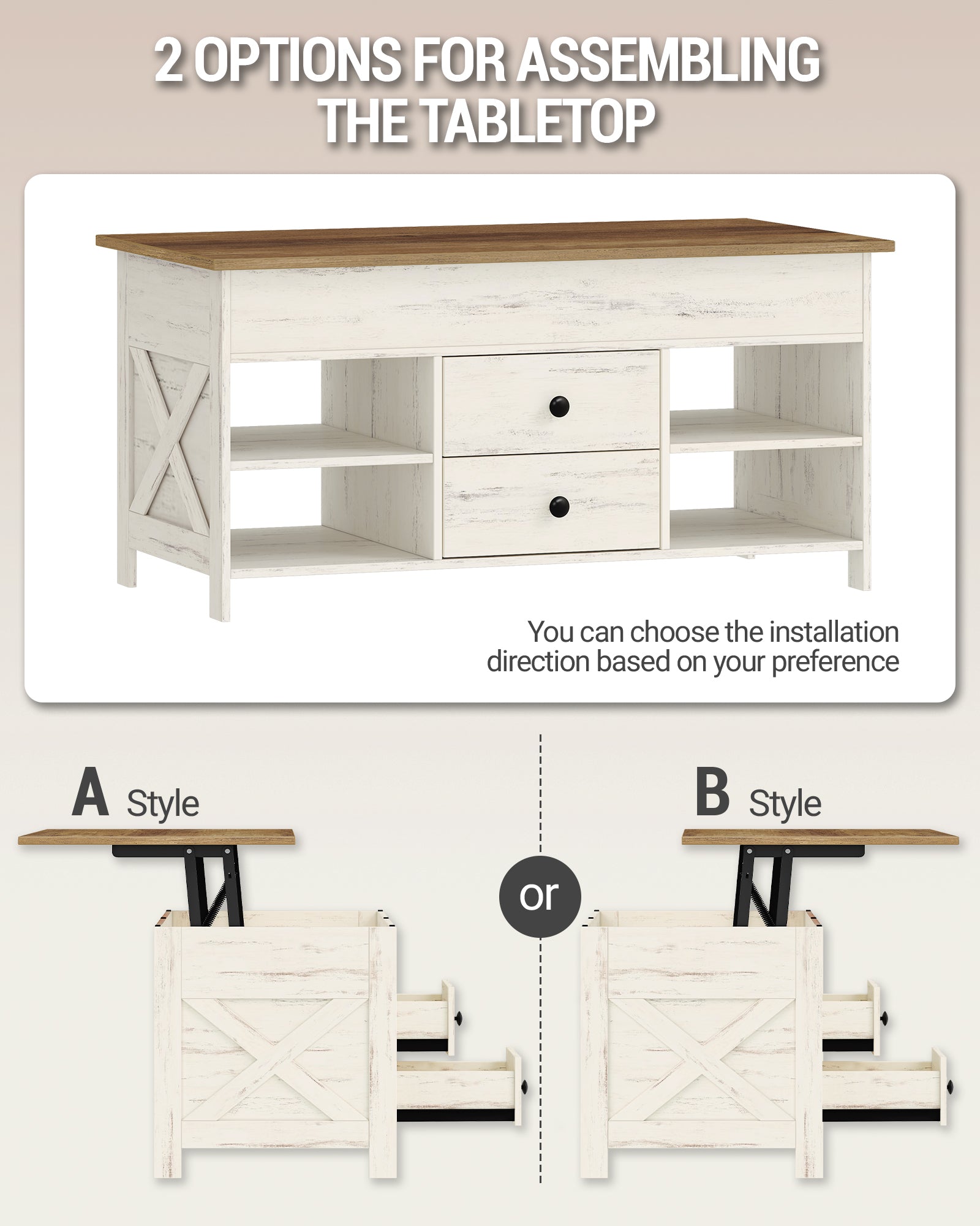 Hzuaneri Coffee Table, Height-Adjustable Living Room Table, Sofa Table, 2 Drawers and Hidden Storage, 50 x 100 x 47.3-61.3 cm, for Living Room, Dining Room, Office, White-Brown CT22114B