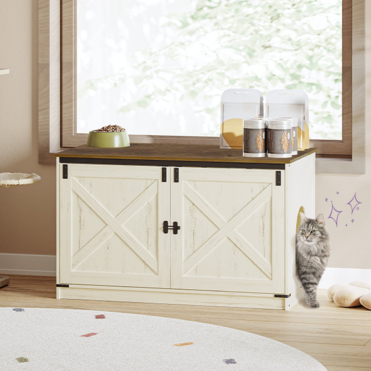 Hzuaneri 39.4 inch Cat Litter Box Enclosure, Hidden Litter Box Furniture Cabinet with Cushion for Cat, Wooden Cat House Reversible Entrance Left or Right Side, Rustic White and Brown