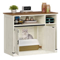 Cat Litter Box Enclosure, Wooden Hidden Cabinet with Storage and Scratch Pad, Farmhouse Style, Rustic Brown and White