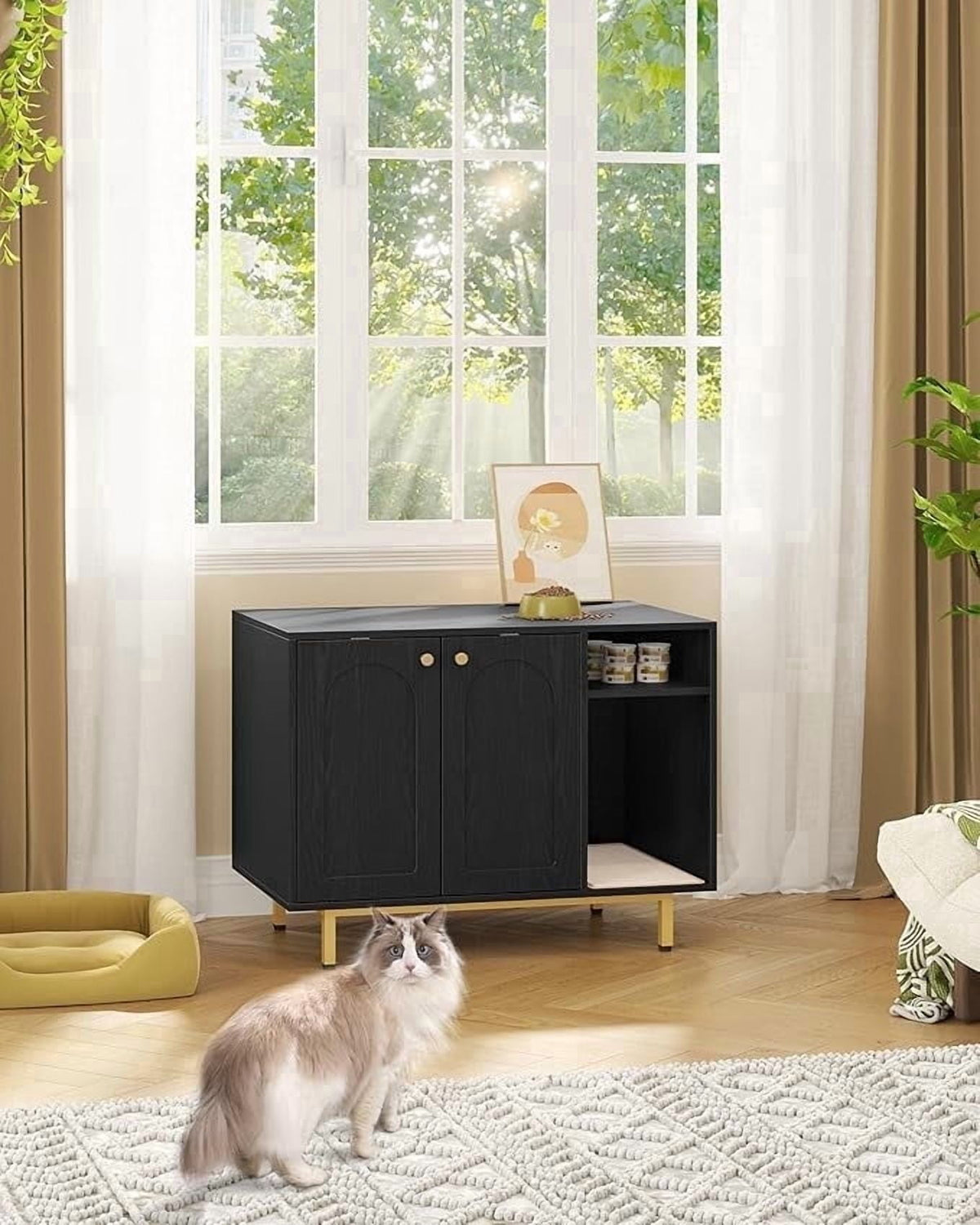 Cat Litter Box Enclosure 39.4" with Storage, Wooden Cabinet with Sisal Mat for Living Room, Black and Gold