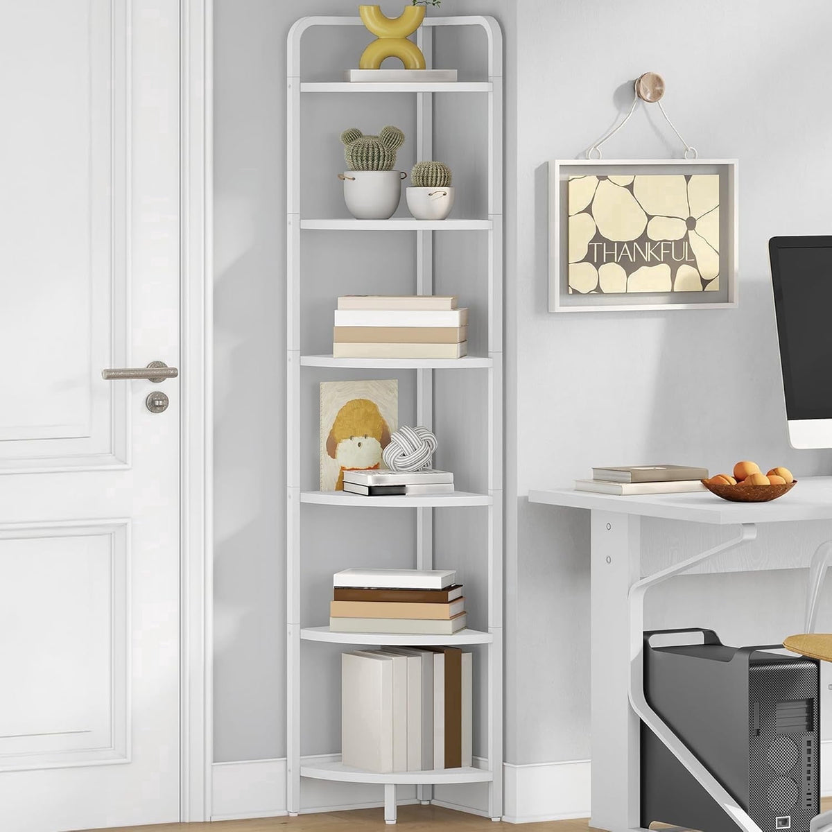 Corner Shelf Stand 6-Tier with Metal Frame, Industrial Corner Bookshelf Plant Shelf for Living Room Bathroom Kitchen, White