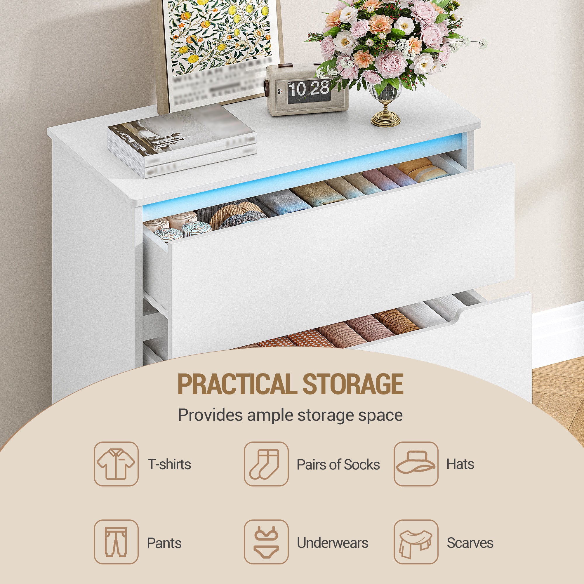 Hzuaneri DC01303XEU Chest of Drawers with LED Lighting 3 Drawers Locker with Lighting Modern Style Suitable for Living Room and Bedroom 40 x 70 x 80 cm White