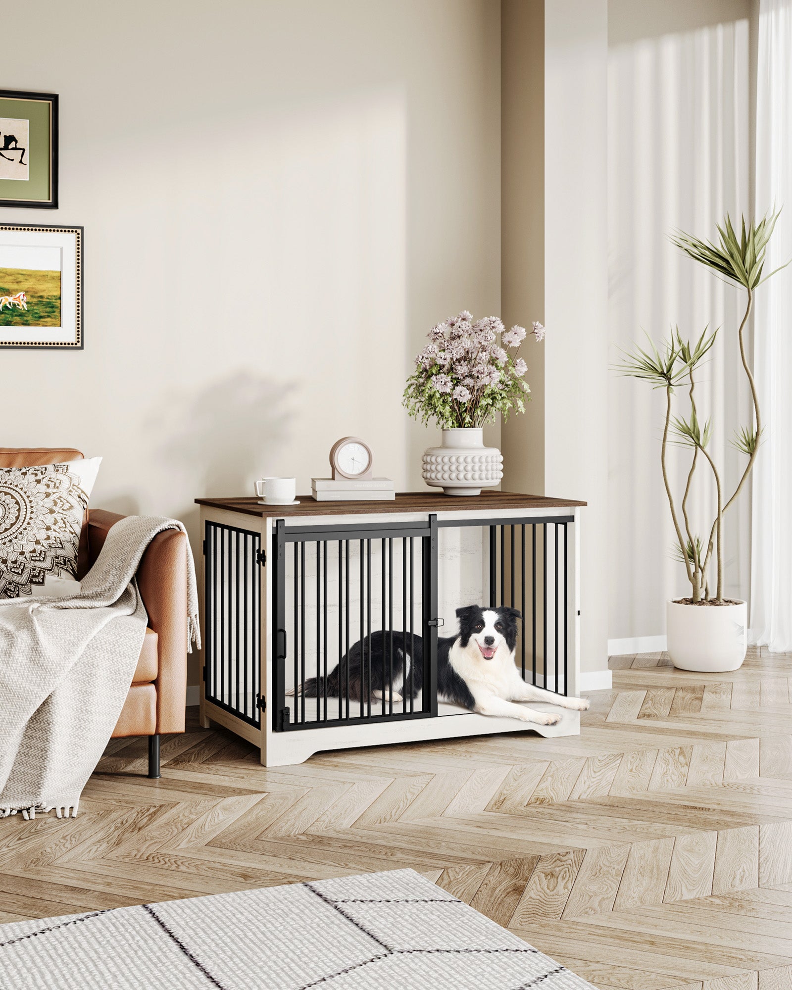 Hzuaneri Dog Cage Furniture, 100cm Dog Box for Home Use, Sliding Doors, 2 Doors, Modern Wooden Indoor Dog Box for Small/Medium/Large Dogs, Dog Cage for Home Use, 100 x 60 x 68 cm, White Brown DFC02314B