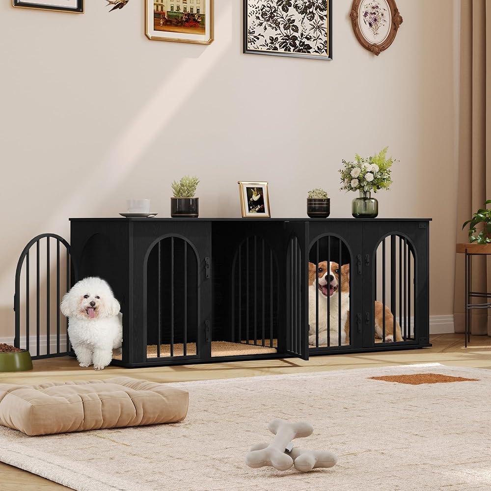Hzuaneri Dog Crate Furniture for 2 Dogs, 63" Large Dog Kennel with Divider and Cushion for Medium Large Dogs, Double Dog Crate Furniture TV Stand