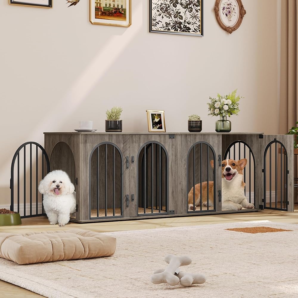 Hzuaneri Dog Crate Furniture for 2 Dogs, 63" Large Dog Kennel with Divider and Cushion for Medium Large Dogs, Double Dog Crate Furniture TV Stand