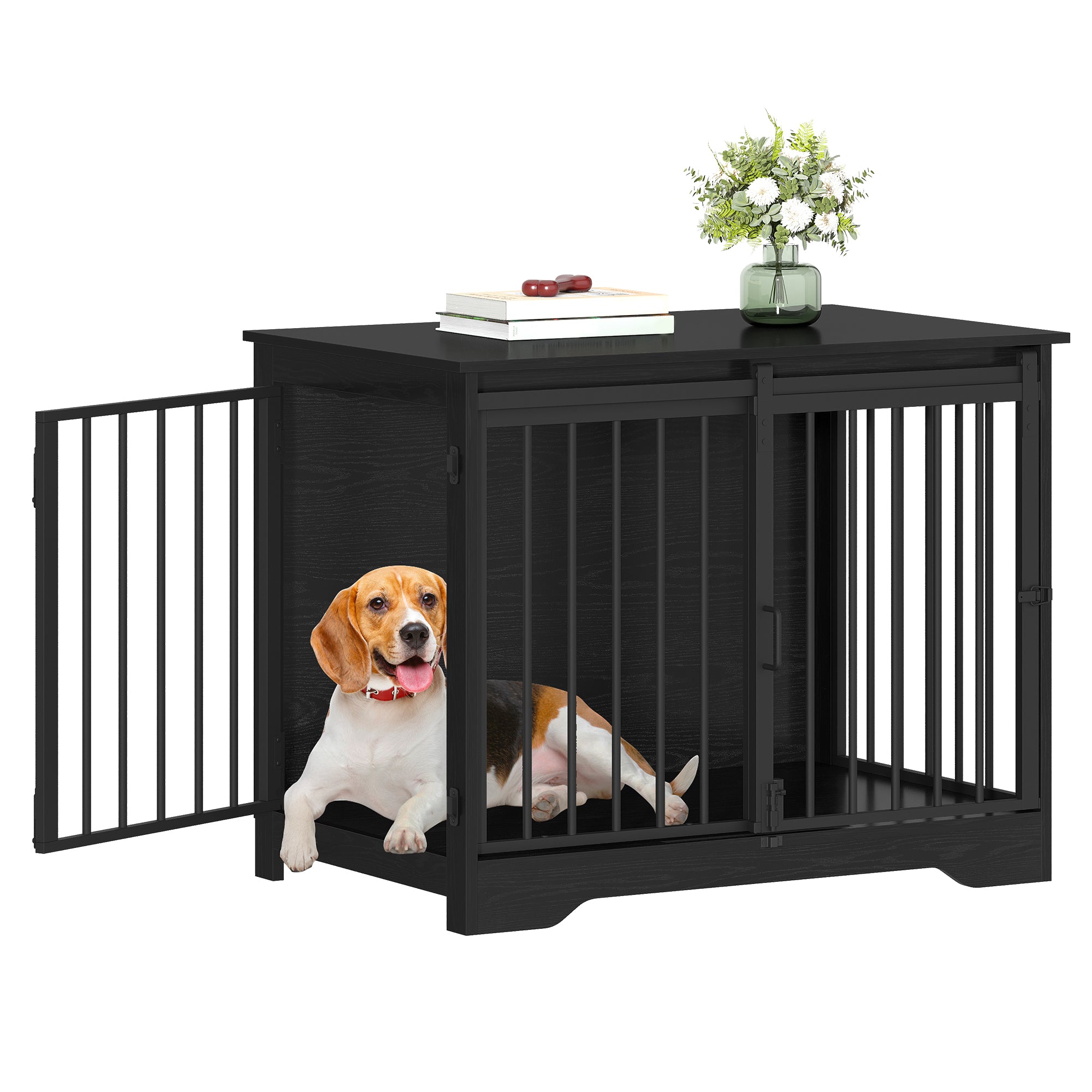 Hzuaneri DFC83604B Dog Cage Furniture, 81 cm Dog Box for Home, Sliding Doors, 2 Doors, Modern Wooden Indoor Dog Box for Small/Medium Dogs, Dog Cage for Home, 81 x 55 x 67.5 cm, Black