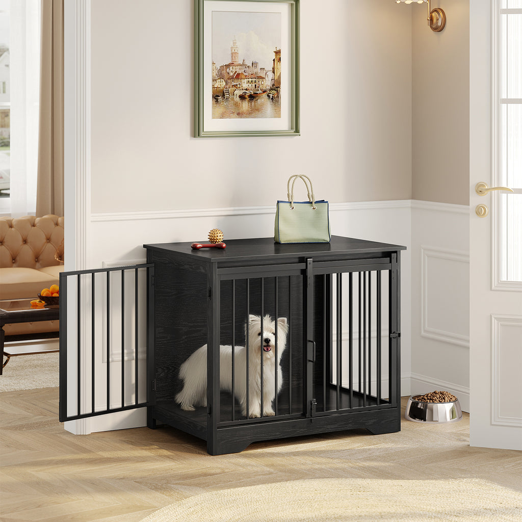 Hzuaneri DFC83604B Dog Cage Furniture, 81 cm Dog Box for Home, Sliding Doors, 2 Doors, Modern Wooden Indoor Dog Box for Small/Medium Dogs, Dog Cage for Home, 81 x 55 x 67.5 cm, Black