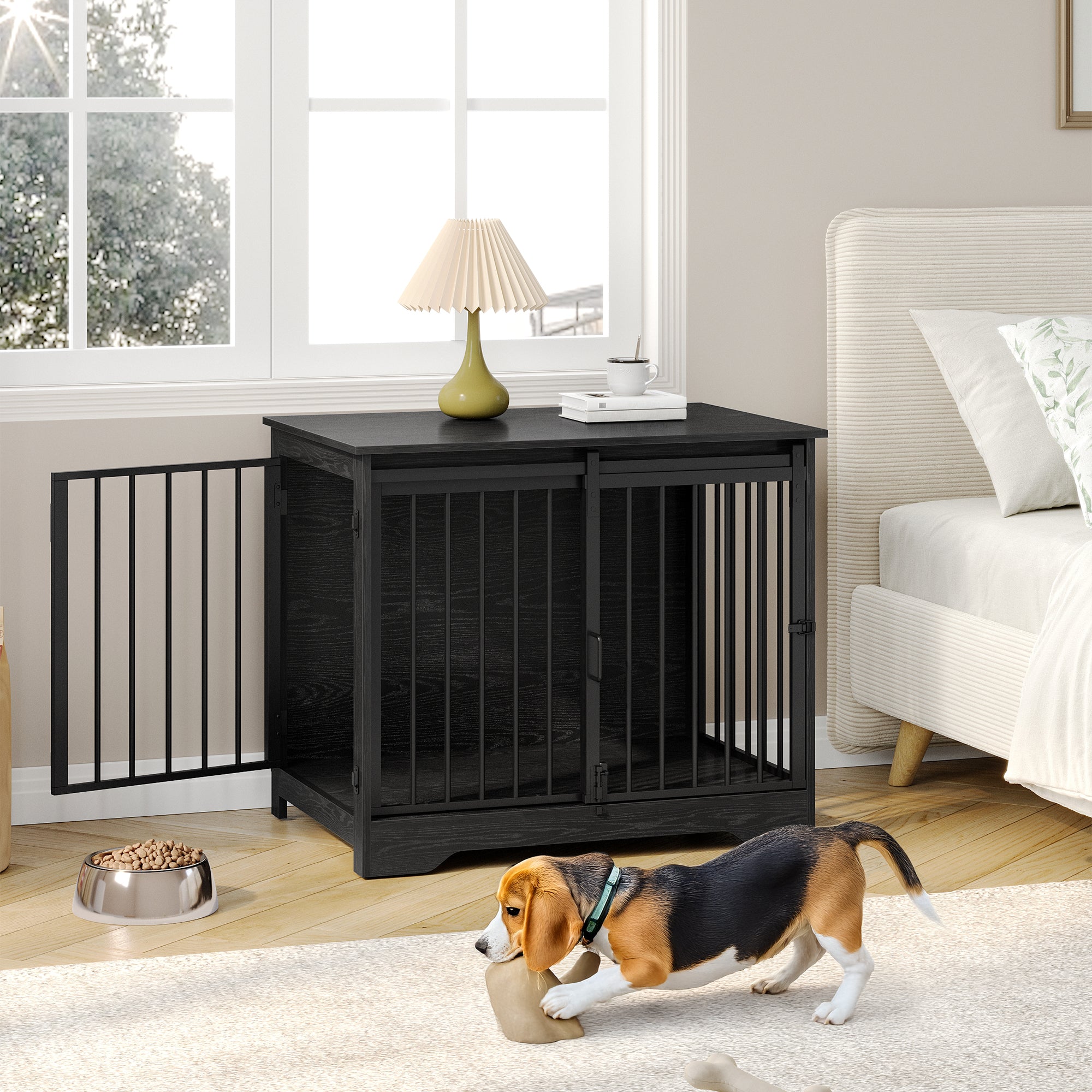 Hzuaneri DFC83604B Dog Cage Furniture, 81 cm Dog Box for Home, Sliding Doors, 2 Doors, Modern Wooden Indoor Dog Box for Small/Medium Dogs, Dog Cage for Home, 81 x 55 x 67.5 cm, Black