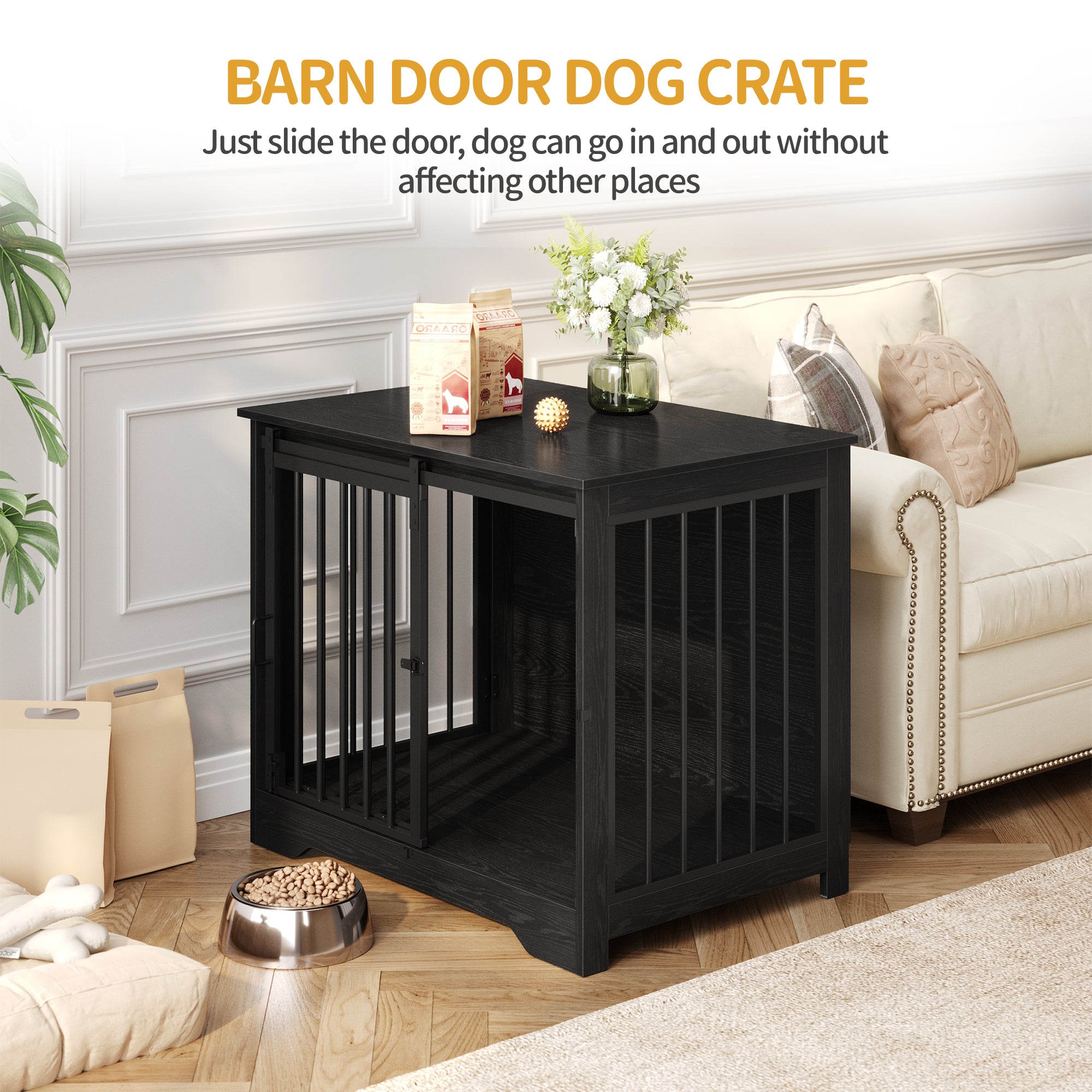 Hzuaneri DFC83604B Dog Cage Furniture, 81 cm Dog Box for Home, Sliding Doors, 2 Doors, Modern Wooden Indoor Dog Box for Small/Medium Dogs, Dog Cage for Home, 81 x 55 x 67.5 cm, Black