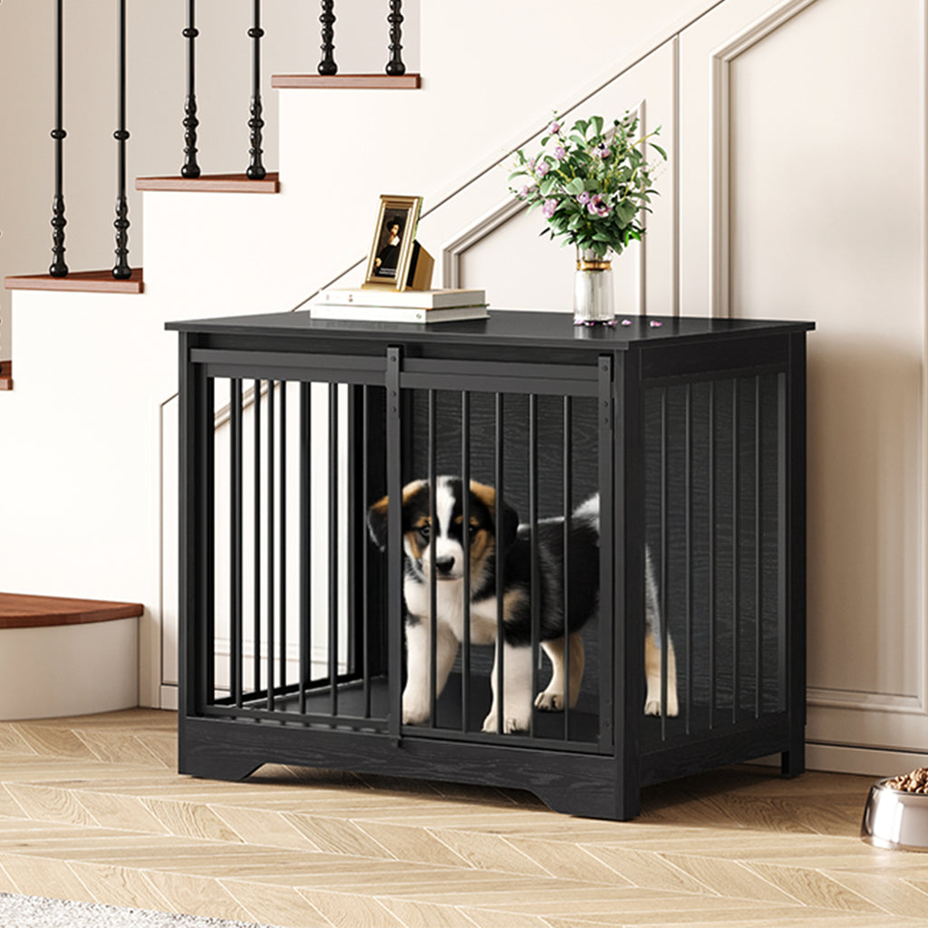 Hzuaneri DFC83604B Dog Cage Furniture, 81 cm Dog Box for Home, Sliding Doors, 2 Doors, Modern Wooden Indoor Dog Box for Small/Medium Dogs, Dog Cage for Home, 81 x 55 x 67.5 cm, Black
