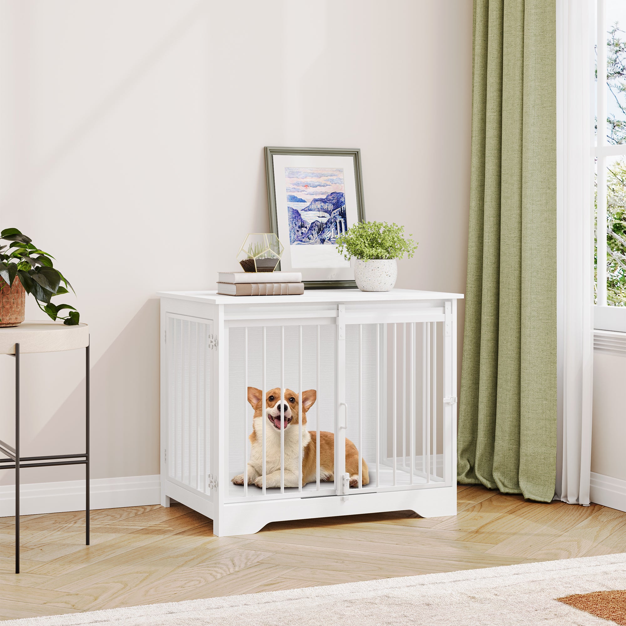 Hzuaneri Dog Cage Furniture, 81cm Dog Box for Home Use, Sliding Doors, 2 Doors, Modern Wooden Indoor Dog Box for Small/Medium Dogs, Dog Cage for Home Use, 81 x 55 x 67.5 cm, White DFC83613W