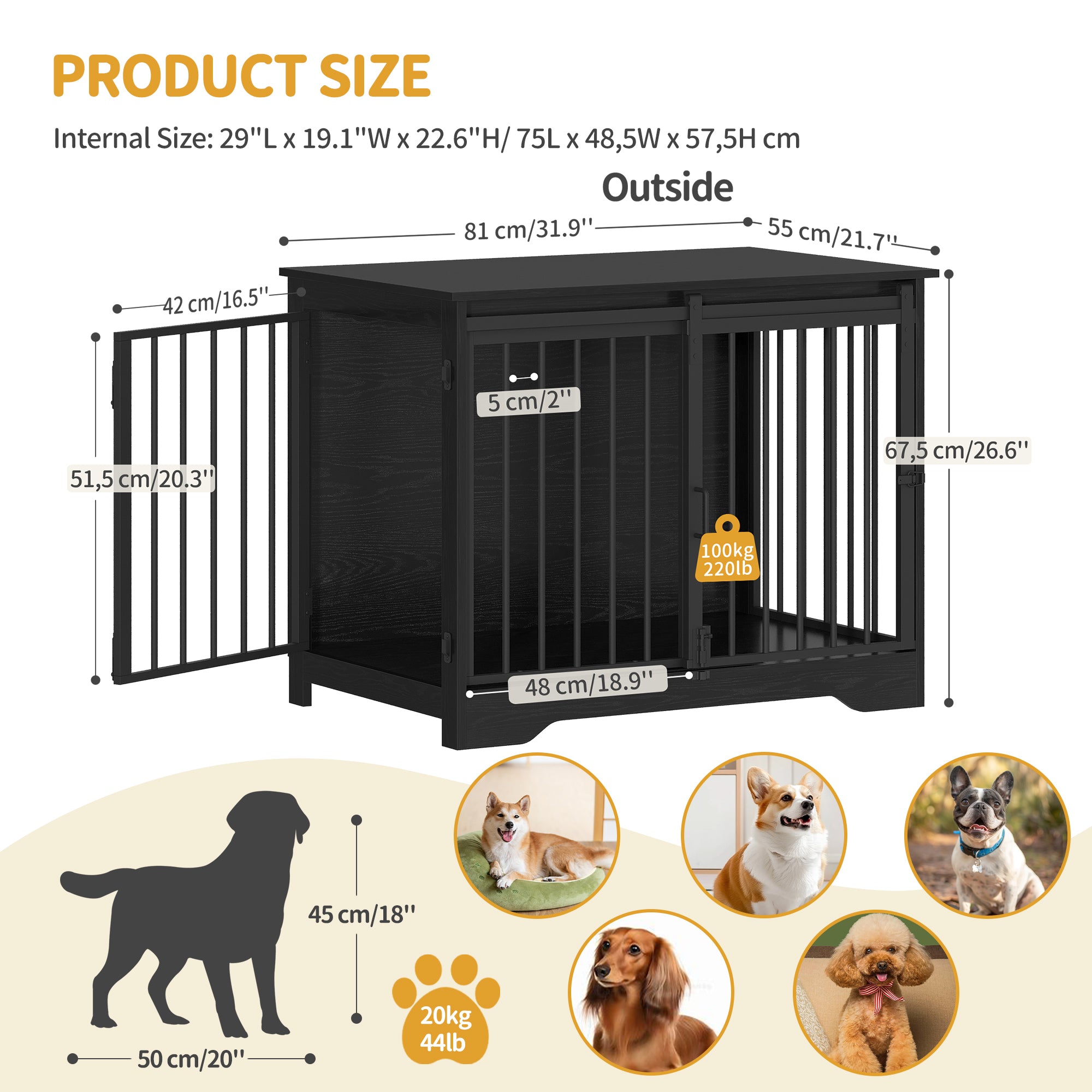 Hzuaneri DFC83604B Dog Cage Furniture, 81 cm Dog Box for Home, Sliding Doors, 2 Doors, Modern Wooden Indoor Dog Box for Small/Medium Dogs, Dog Cage for Home, 81 x 55 x 67.5 cm, Black