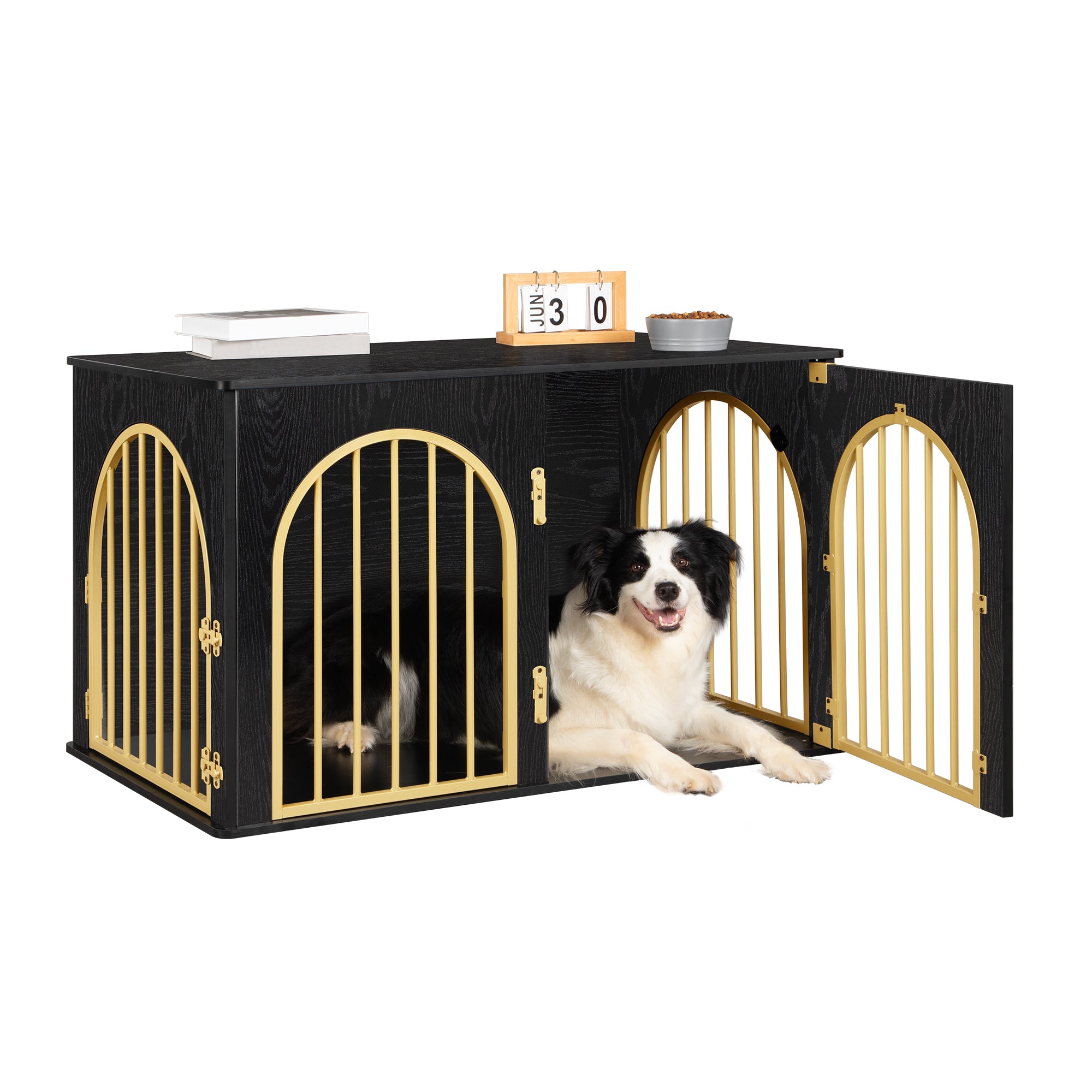 Hzuaneri Dog Cage Furniture, 100 cm Dog Box for Home, 3 Doors, Arch Door, Modern Dog Box Indoor for Dogs, Side Table, Dog Cage Heavy Duty, 100 x 60 x 63 cm, Black Gold DFC84104A
