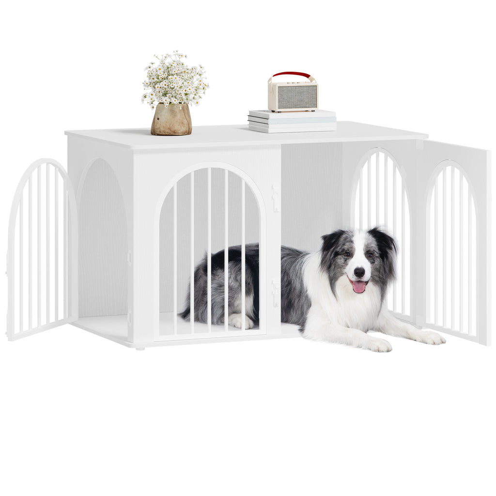 Hzuaneri Dog Cage Furniture, Dog Box for Home, 3 Doors, Arch Door, Modern Dog Box Indoor for Dogs, Side Table, Dog Cage Heavy Duty, White DFC84113W