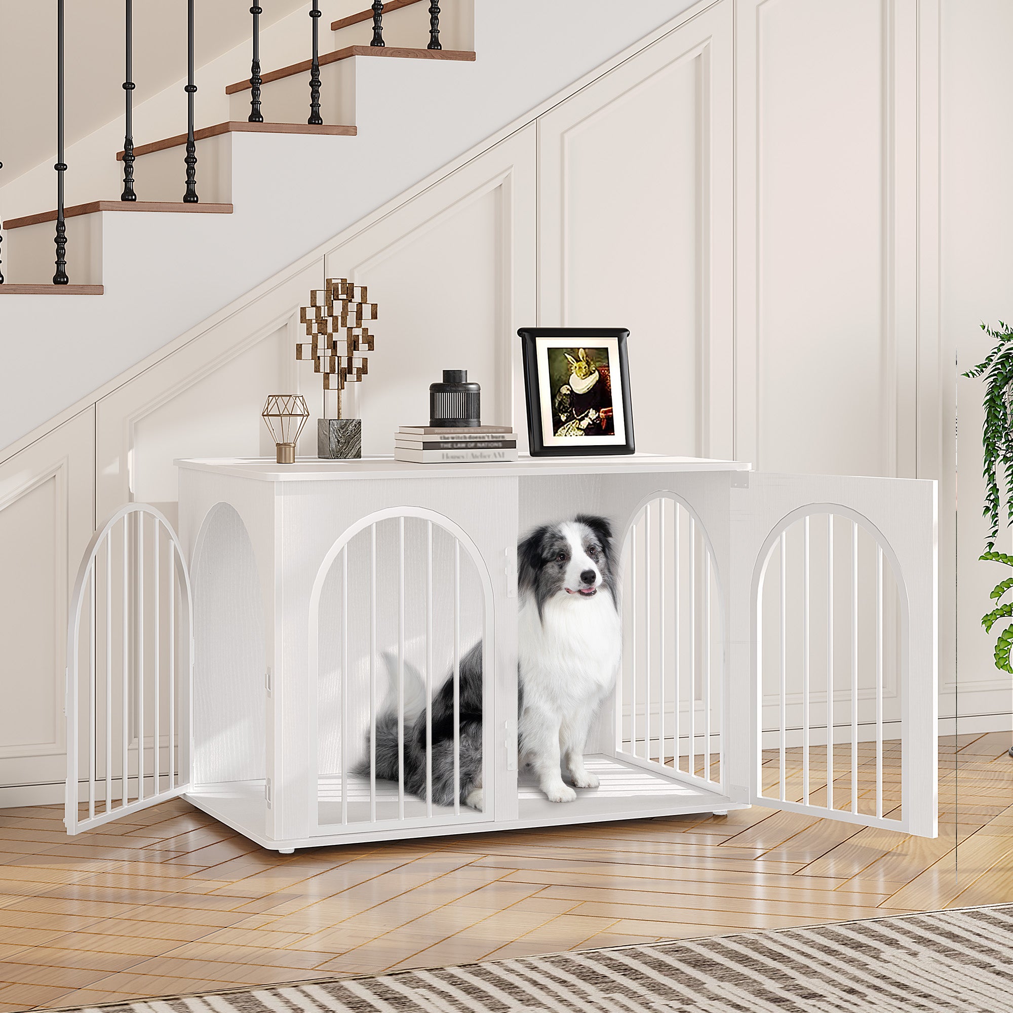 Hzuaneri Dog Cage Furniture, Dog Box for Home, 3 Doors, Arch Door, Modern Dog Box Indoor for Dogs, Side Table, Dog Cage Heavy Duty, White DFC84113W