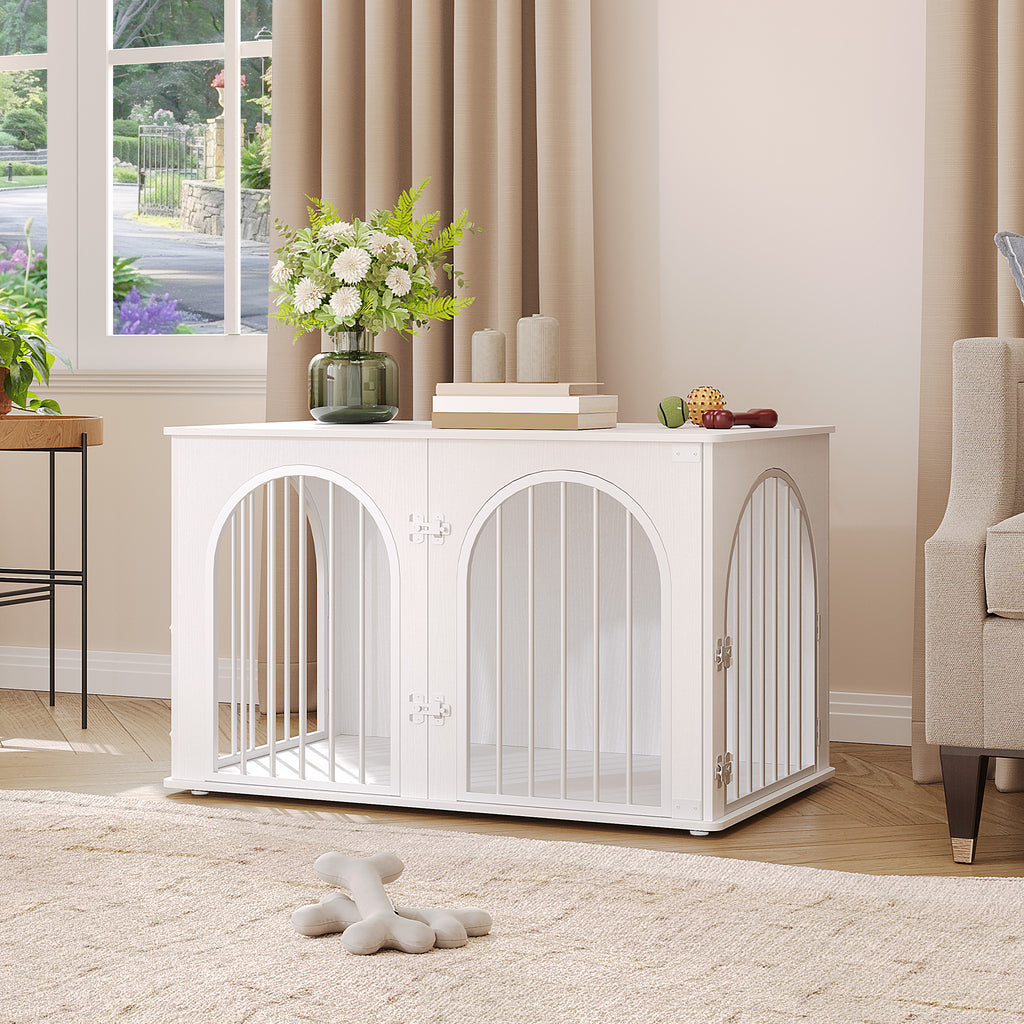 Hzuaneri Dog Cage Furniture, Dog Box for Home, 3 Doors, Arch Door, Modern Dog Box Indoor for Dogs, Side Table, Dog Cage Heavy Duty, White DFC84113W