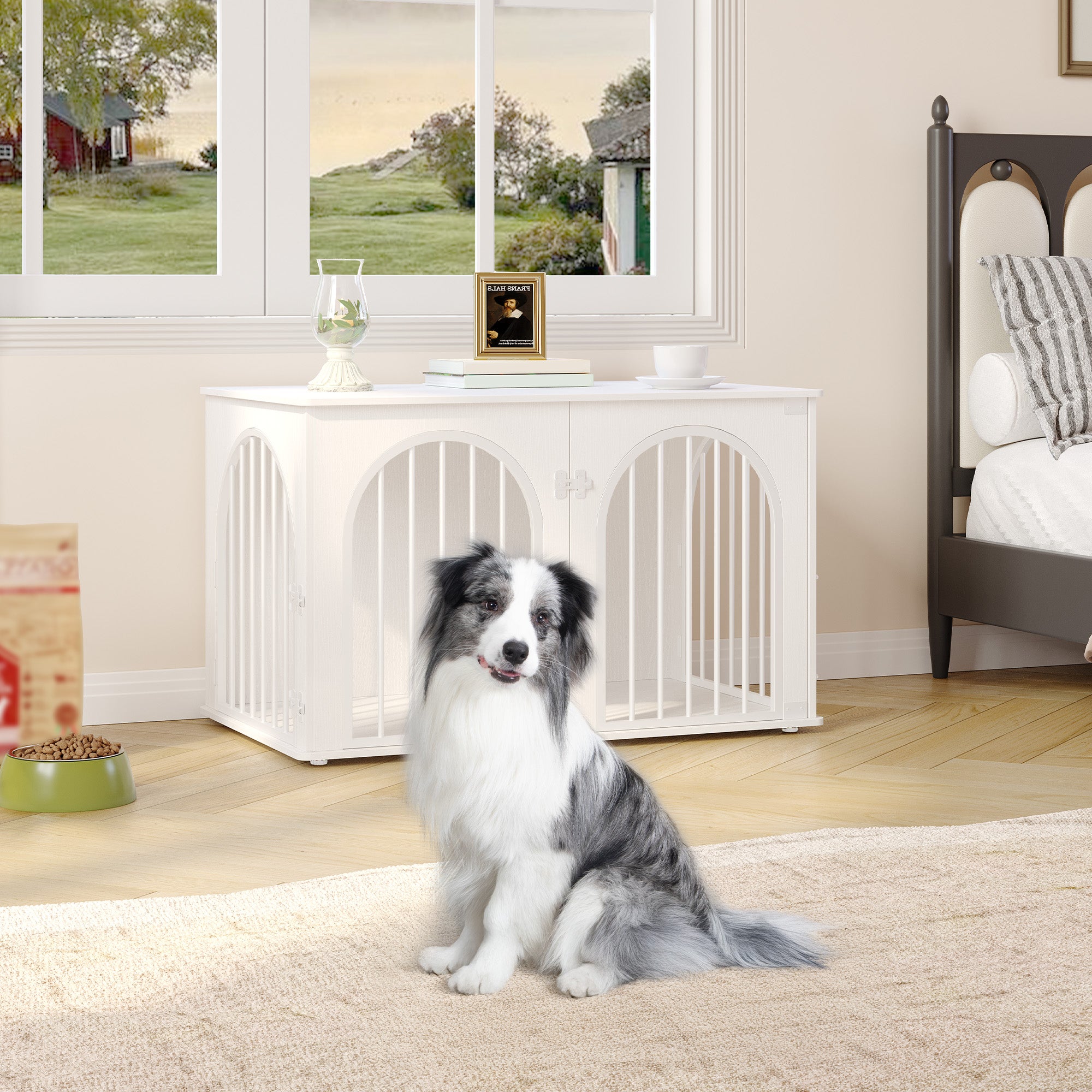 Hzuaneri Dog Cage Furniture, Dog Box for Home, 3 Doors, Arch Door, Modern Dog Box Indoor for Dogs, Side Table, Dog Cage Heavy Duty, White DFC84113W