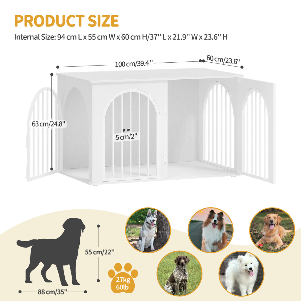 Hzuaneri Dog Cage Furniture, Dog Box for Home, 3 Doors, Arch Door, Modern Dog Box Indoor for Dogs, Side Table, Dog Cage Heavy Duty, White DFC84113W
