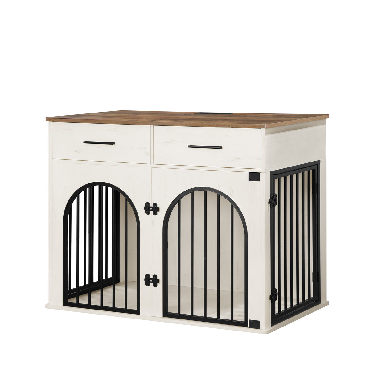 Hzuaneri 43.3'' Dog Crate Furniture for Large Dog, Indoor Dog Kennel with 2 Storage Drawers, Charging Station, Wooden Dog Cage End Table Kennel, White Brown