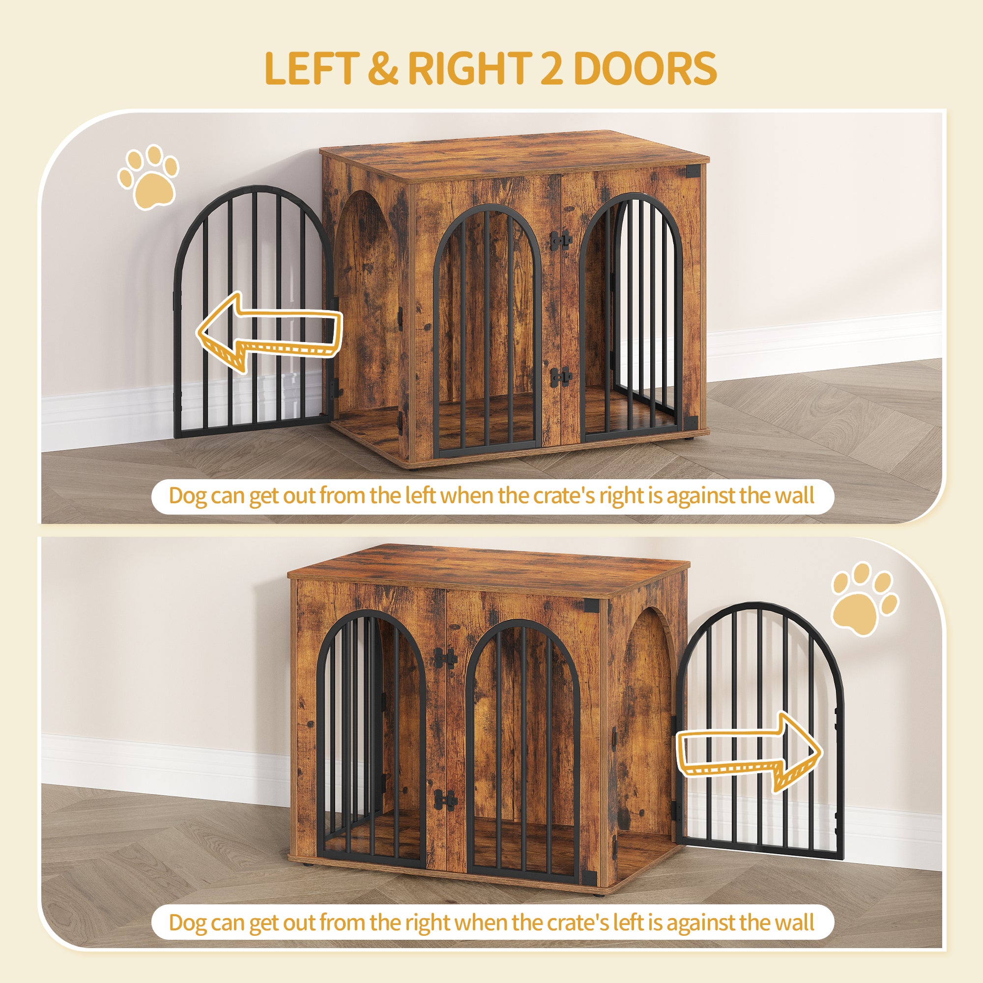 Hzuaneri Dog Cage Furniture, 68 cm Dog Box for Home, 3 Doors, Arch Door, Modern Dog Box Indoor for Dogs, Side Table, Dog Cage Heavy Duty, 68 x 49 x 56 cm, Vintage Brown DFC85501B