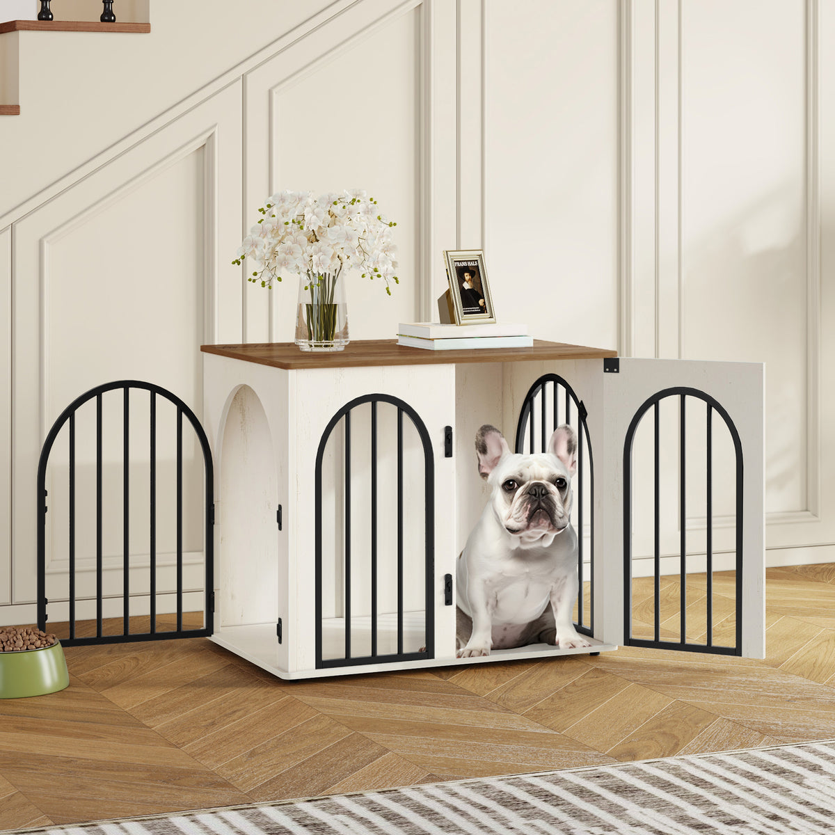 Hzuaneri 26.8" Dog Crate Furniture, Wooden Dog Kennel with Cushion, Indoor Dog Cage for Small Dogs, Decorative Pet House Side End Table, Chew-Resistant, Greige