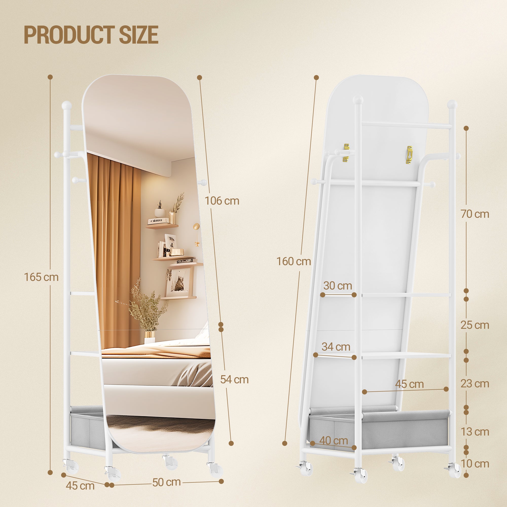 Hzuaneri Full-Length Mirror, Standing Mirror with Clothes Rack, 165 x 50 x 45 cm, 360° Swivel Casters, Large Mirror with Storage Box and Hooks, for Bedroom and Living Room, White DM41703W