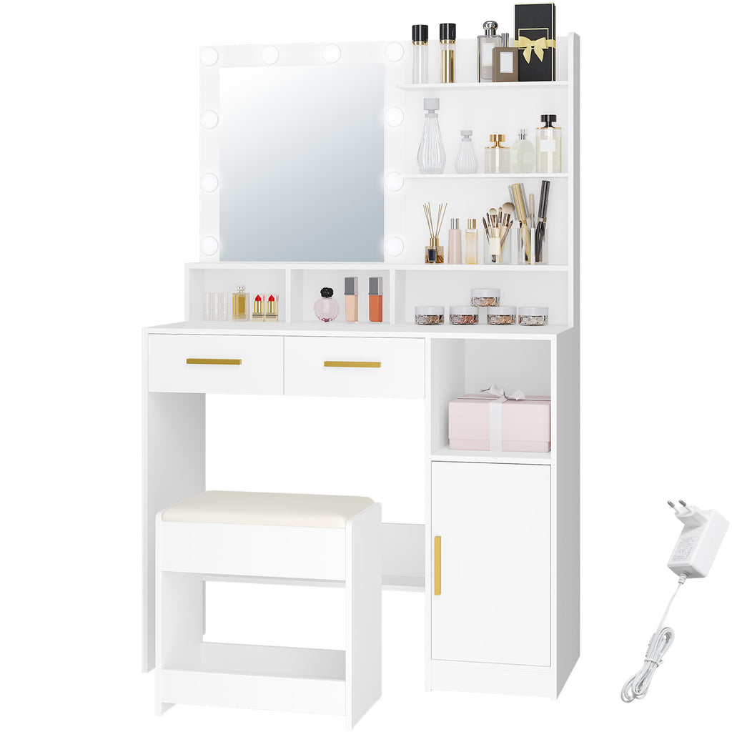 Hzuaneri Dressing Table with LED Lights Mirror, Adjustable Brightness, 2 Drawers & Cabinet, White