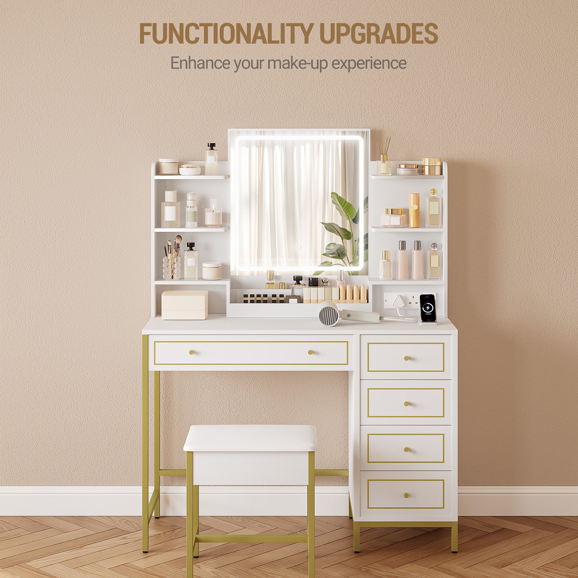 Hzuaneri Dressing Table, Vanity Desk with Soft Stool, HD Mirror and Adjustable LED Lights, Makeup Table with Socket and USB, 5 Drawers, Open Storage Compartment, Luxury Style, White-Gold DT352HDT