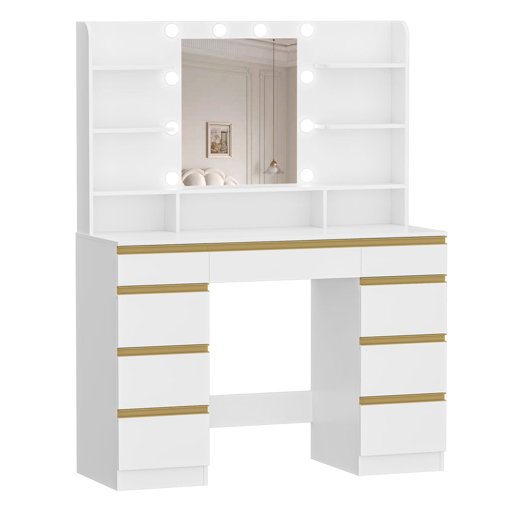 Hzuaneri Large Dressing Table with 10 LED Lights & Mirror, 9 Drawers, 9 Shelves, 3 Colors