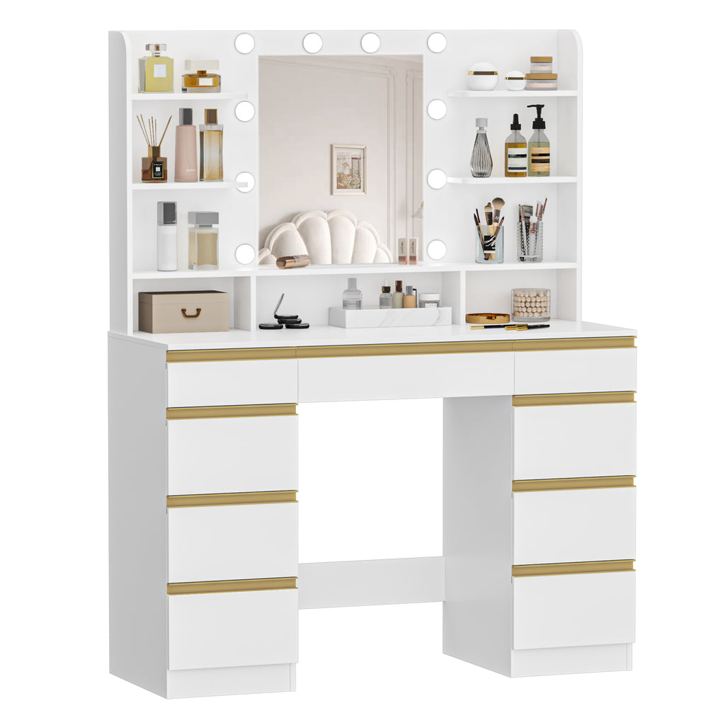 Hzuaneri Large Dressing Table with 10 LED Lights & Mirror, 9 Drawers, 9 Shelves, 3 Colors