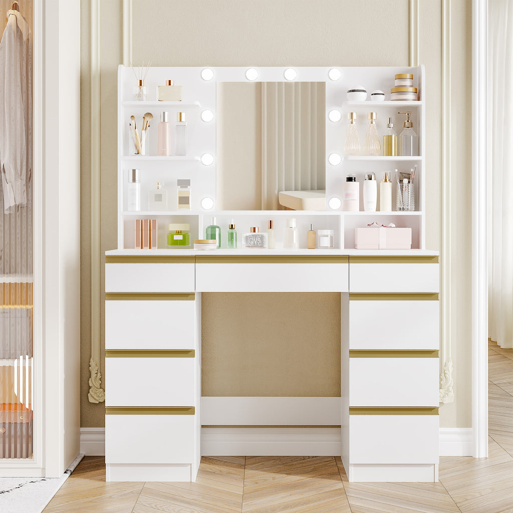 Hzuaneri Large Dressing Table with 10 LED Lights & Mirror, 9 Drawers, 9 Shelves, 3 Colors
