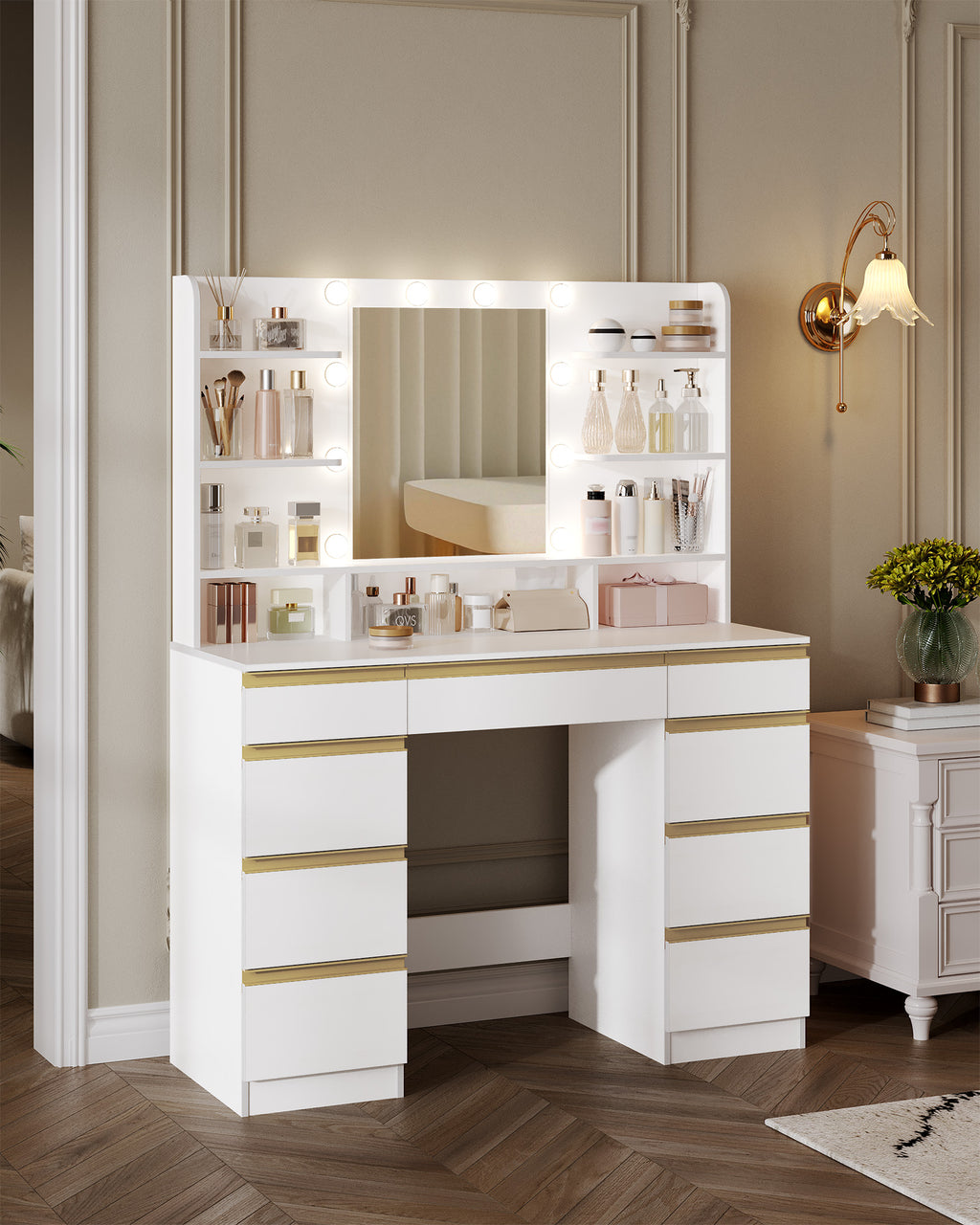 Hzuaneri Large Dressing Table with 10 LED Lights & Mirror, 9 Drawers, 9 Shelves, 3 Colors