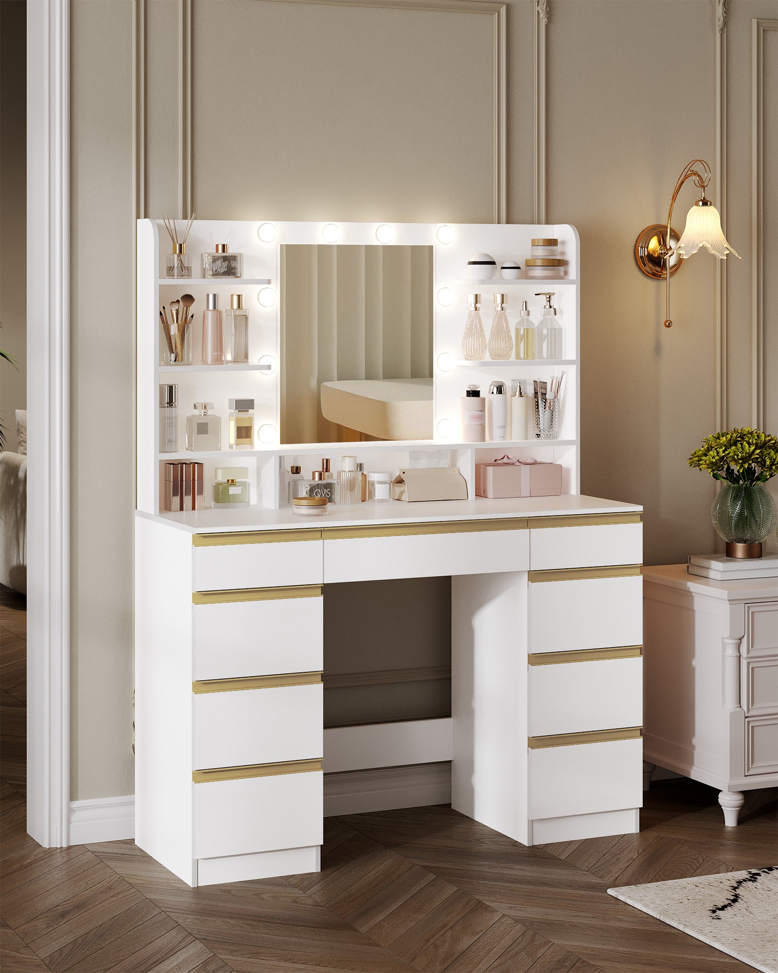 Hzuaneri Large Dressing Table with 10 LED Lights & Mirror, 9 Drawers, 9 Shelves, 3 Colors