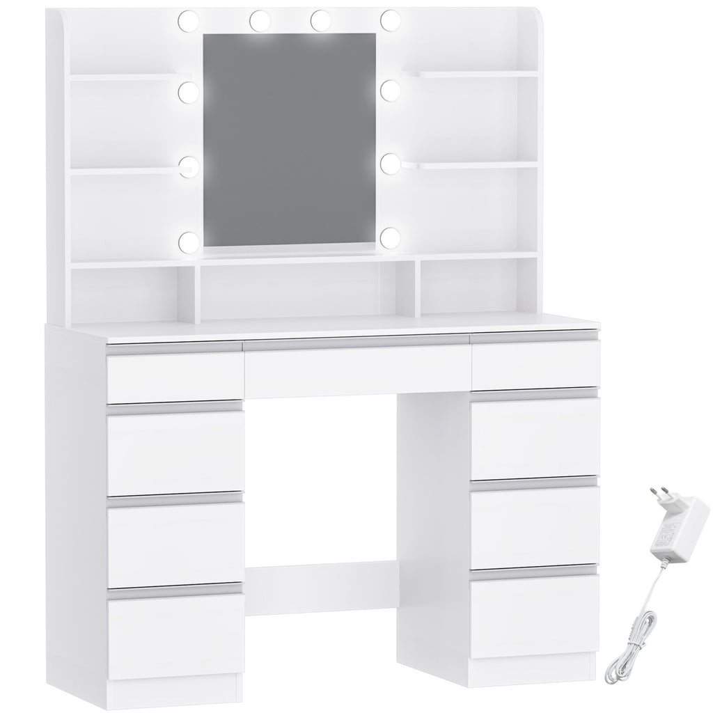 Hzuaneri Large Dressing Table with 10 LED Lights & Mirror, 9 Drawers, 9 Shelves, 3 Colors