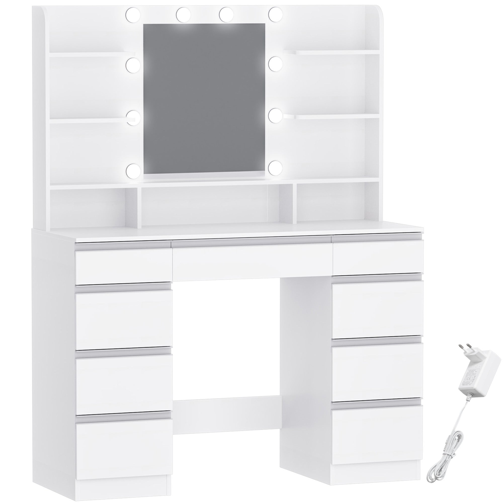Hzuaneri Large Dressing Table with 10 LED Lights & Mirror, 9 Drawers, 9 Shelves, 3 Colors