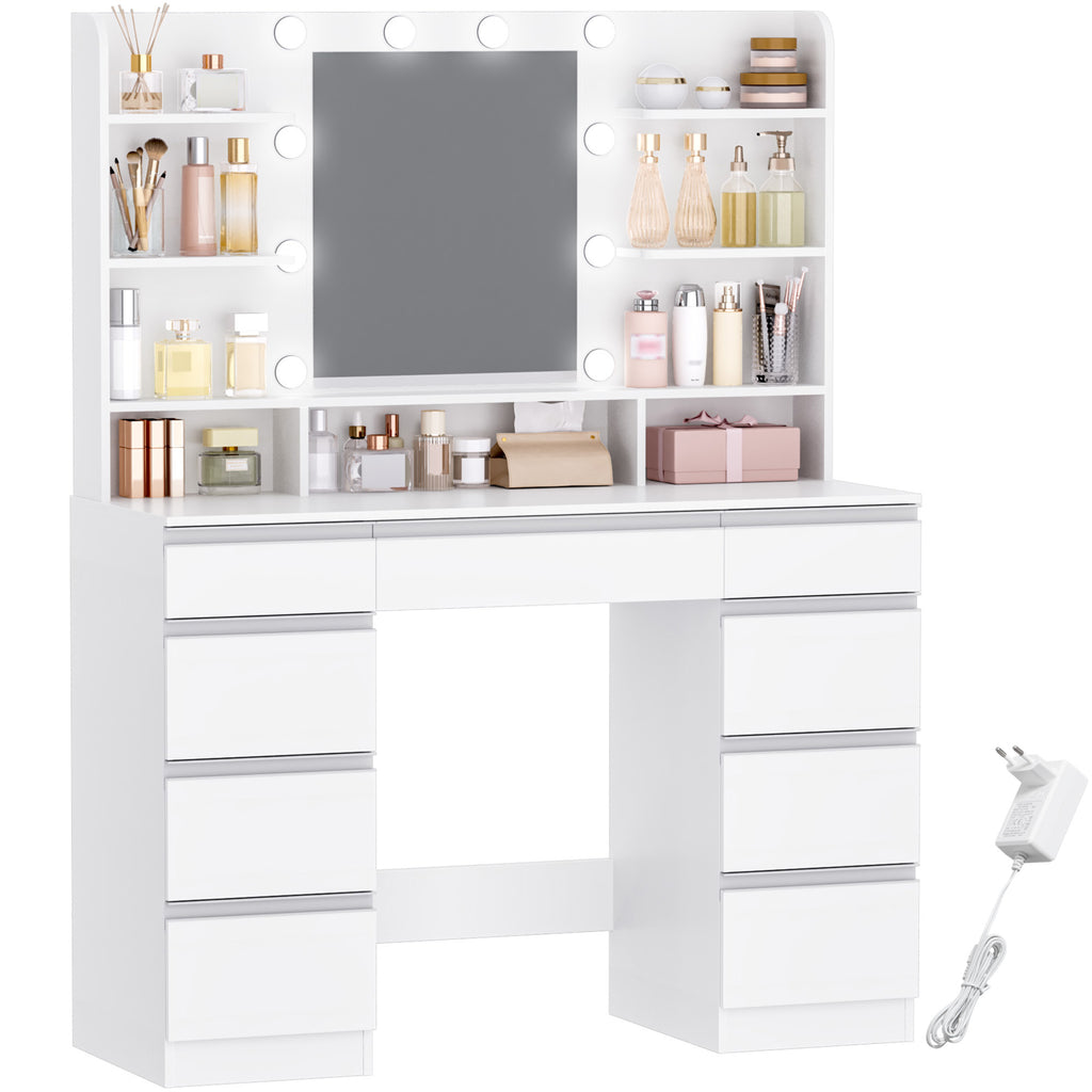 Hzuaneri Large Dressing Table with 10 LED Lights & Mirror, 9 Drawers, 9 Shelves, 3 Colors