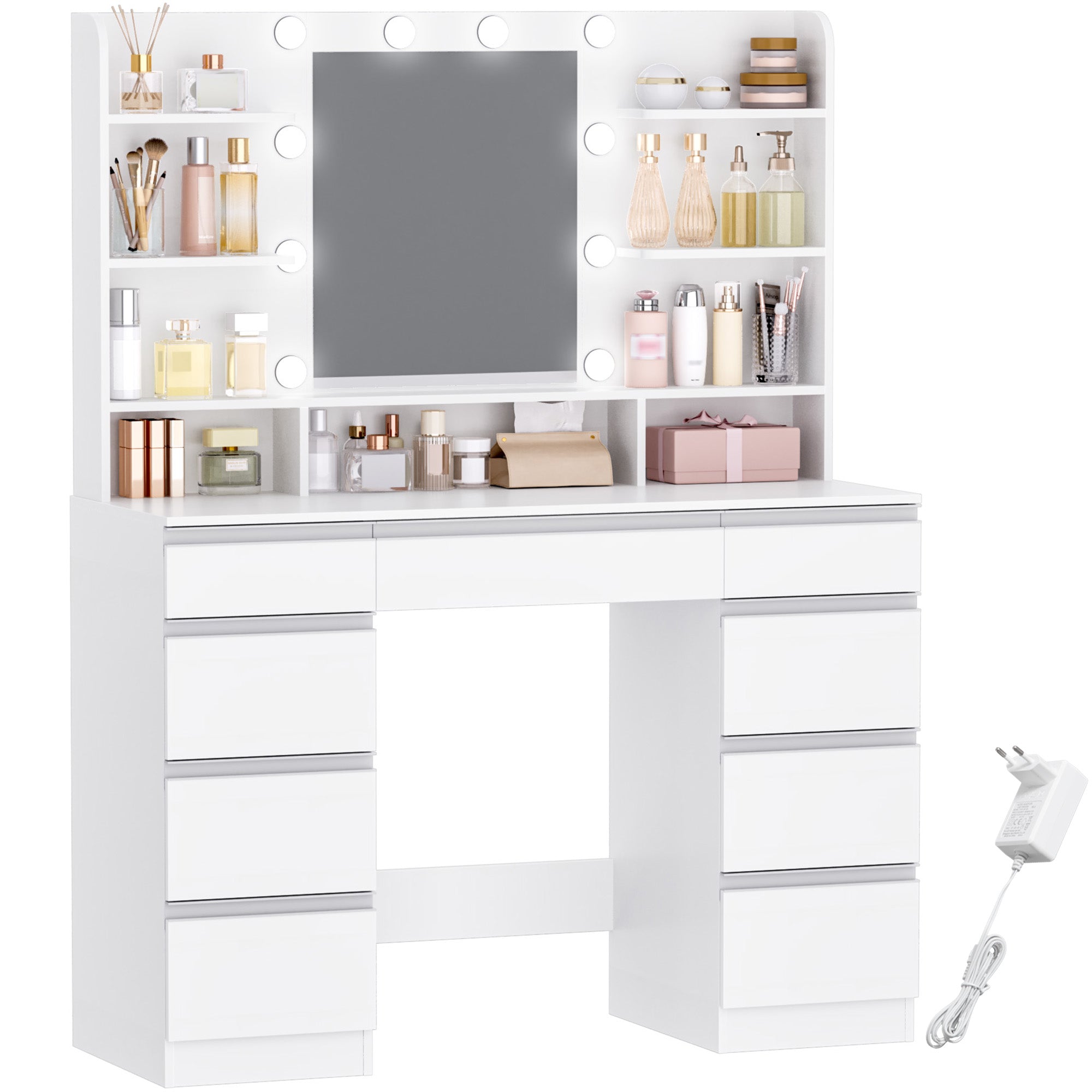 Hzuaneri Large Dressing Table with 10 LED Lights & Mirror, 9 Drawers, 9 Shelves, 3 Colors