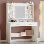 Hzuaneri White Dressing Table with Mirror, 2 Storage Drawers, Adjustable Brightness
