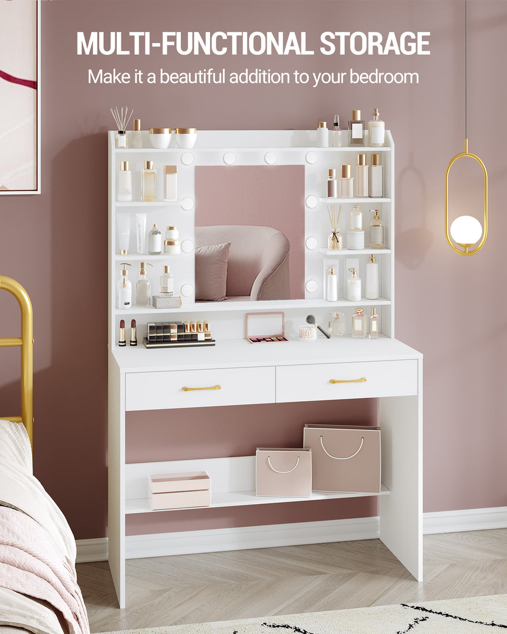 Hzuaneri White Dressing Table with Mirror, 2 Storage Drawers, Adjustable Brightness