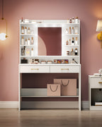Hzuaneri White Dressing Table with Mirror, 2 Storage Drawers, Adjustable Brightness
